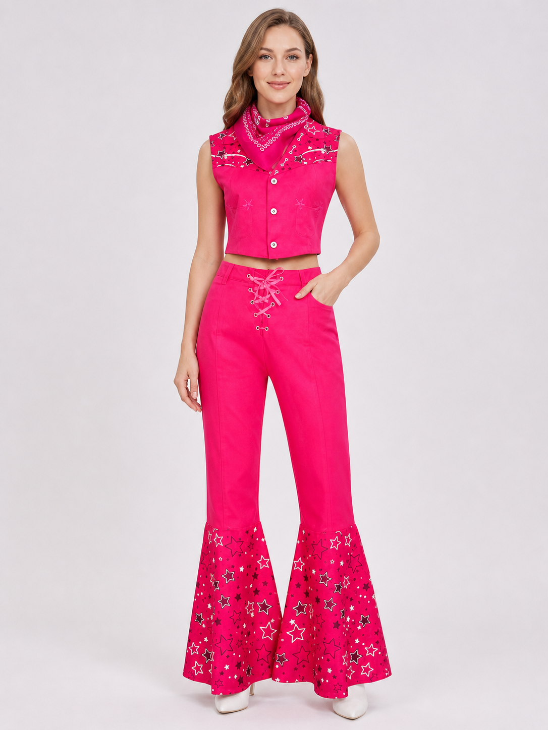 Barbie-style cosplay set consisting of two pieces: a cropped sleeveless top and flared-leg pants. The top resembles a vest with a front button closure, a decorative yoke, and a styled collar area. The pants have a high waist, front lacing, 