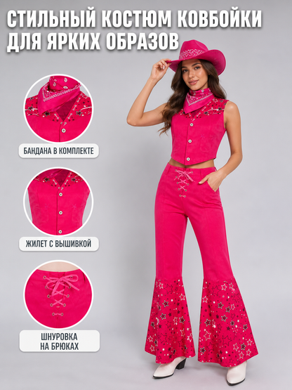 Barbie-style cosplay set consisting of two pieces: a cropped sleeveless top and flared-leg pants. The top resembles a vest with a front button closure, a decorative yoke, and a styled collar area. The pants have a high waist, front lacing, 