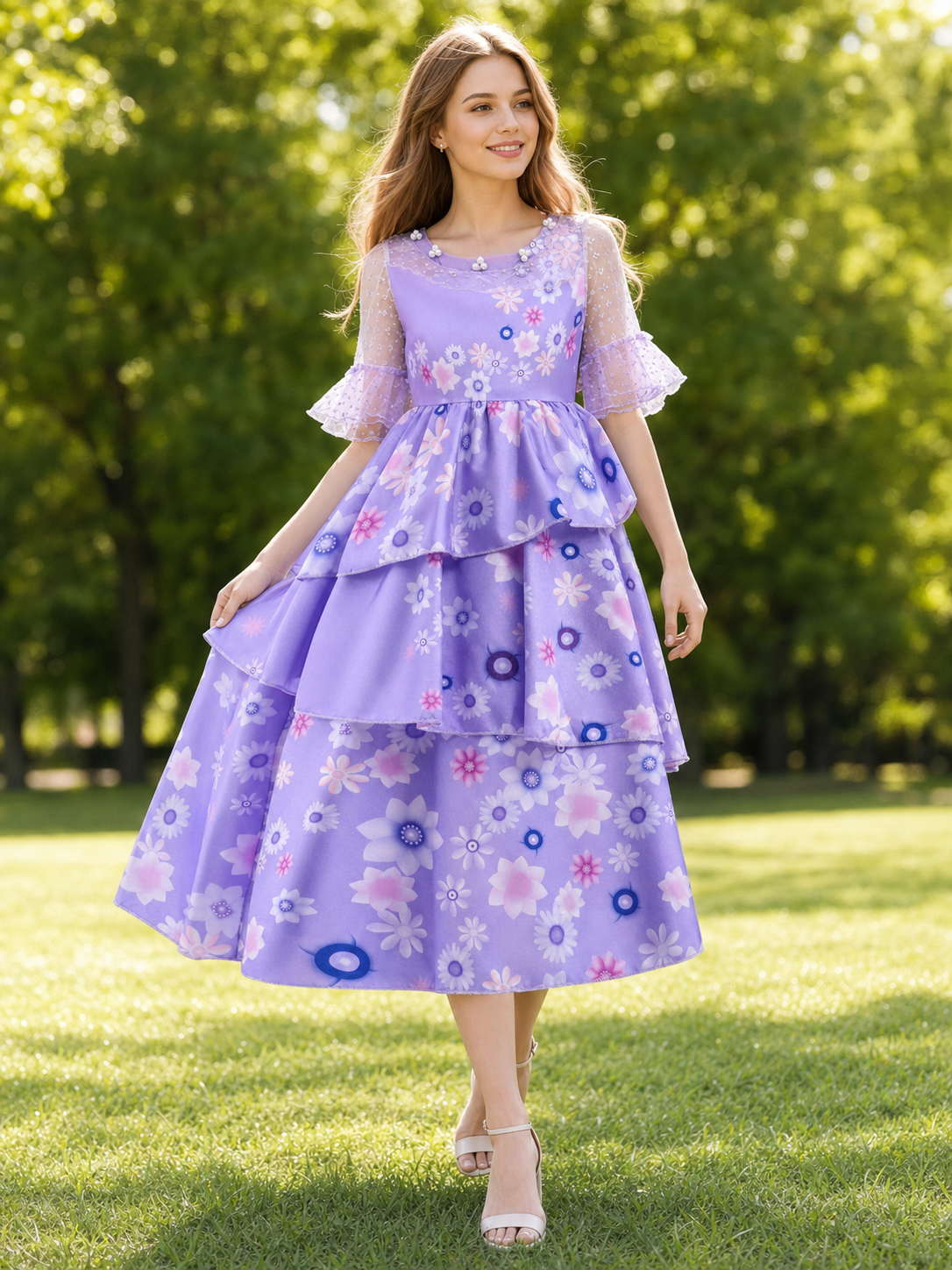 Kids' Floral-Print Cosplay Dress with Sleeves