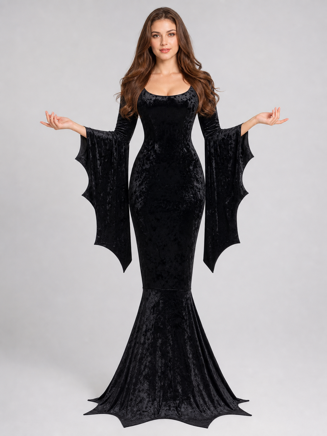 Black Gothic Floor-Length Dress with Wing Sleeves