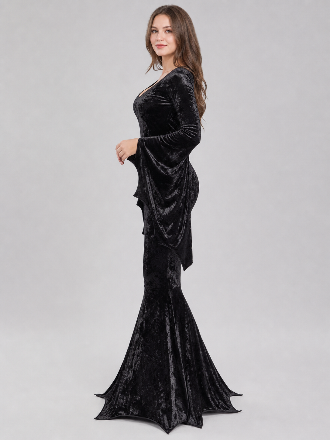 Black Gothic Floor-Length Dress with Wing Sleeves