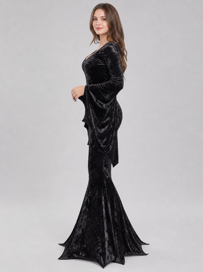 Black Gothic Floor-Length Dress with Wing Sleeves