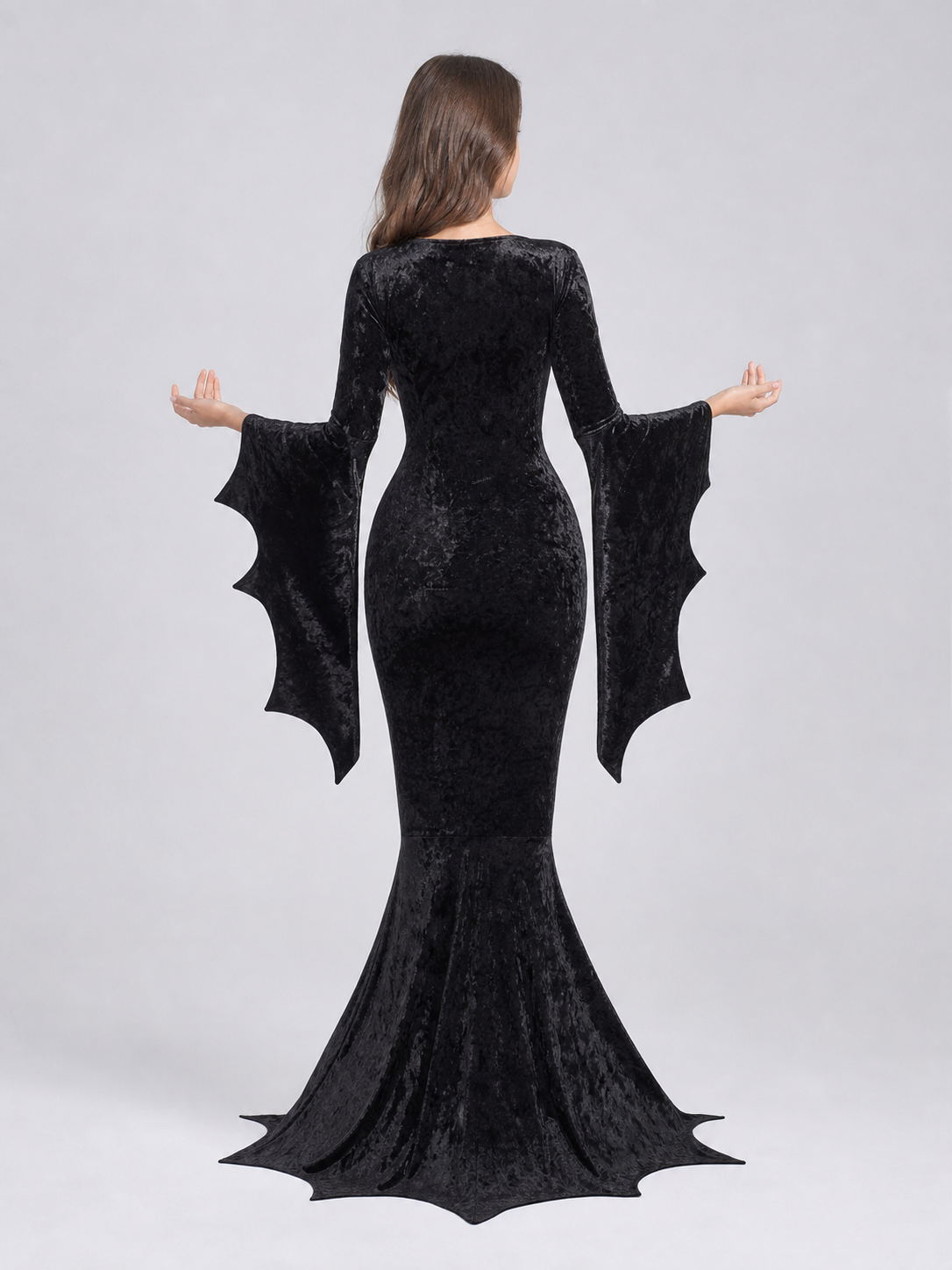 Black Gothic Floor-Length Dress with Wing Sleeves