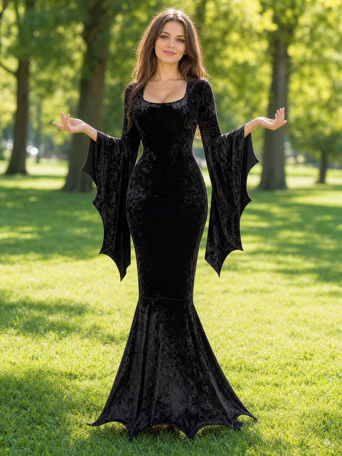 Black Gothic Floor-Length Dress with Wing Sleeves