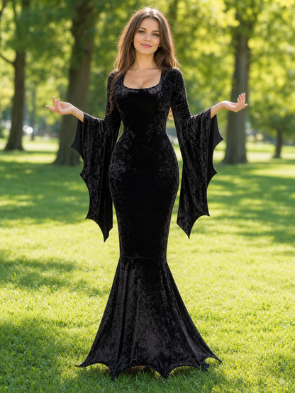 Black Gothic Floor-Length Dress with Wing Sleeves