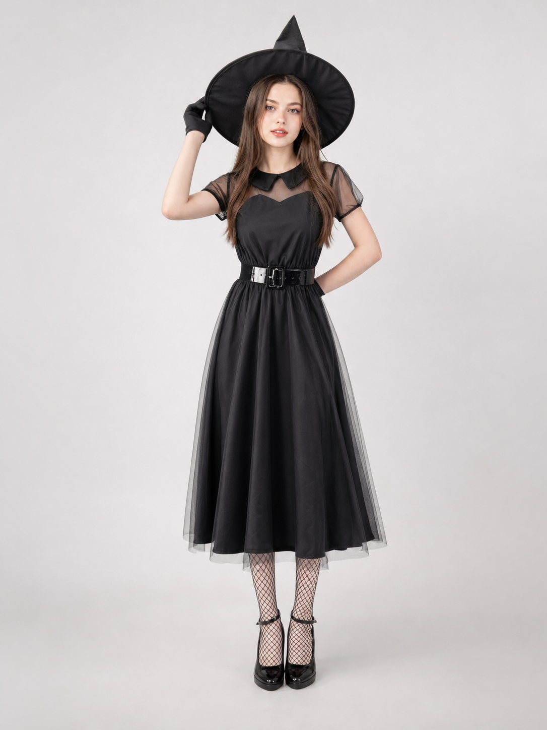 Halloween Witch Dress with Hat and Gloves on-model view 3