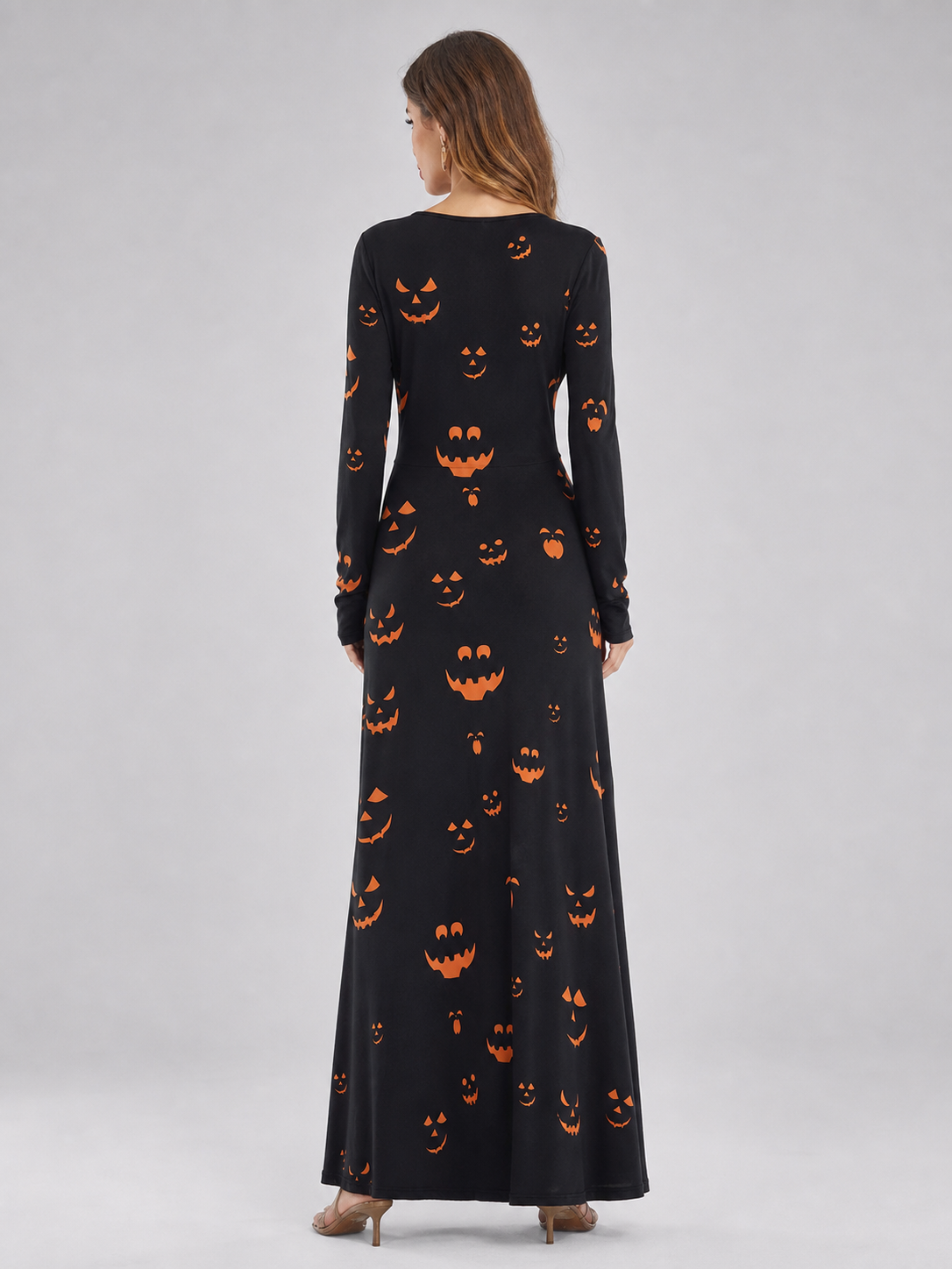 Black Halloween Maxi Dress with Pumpkin Print
