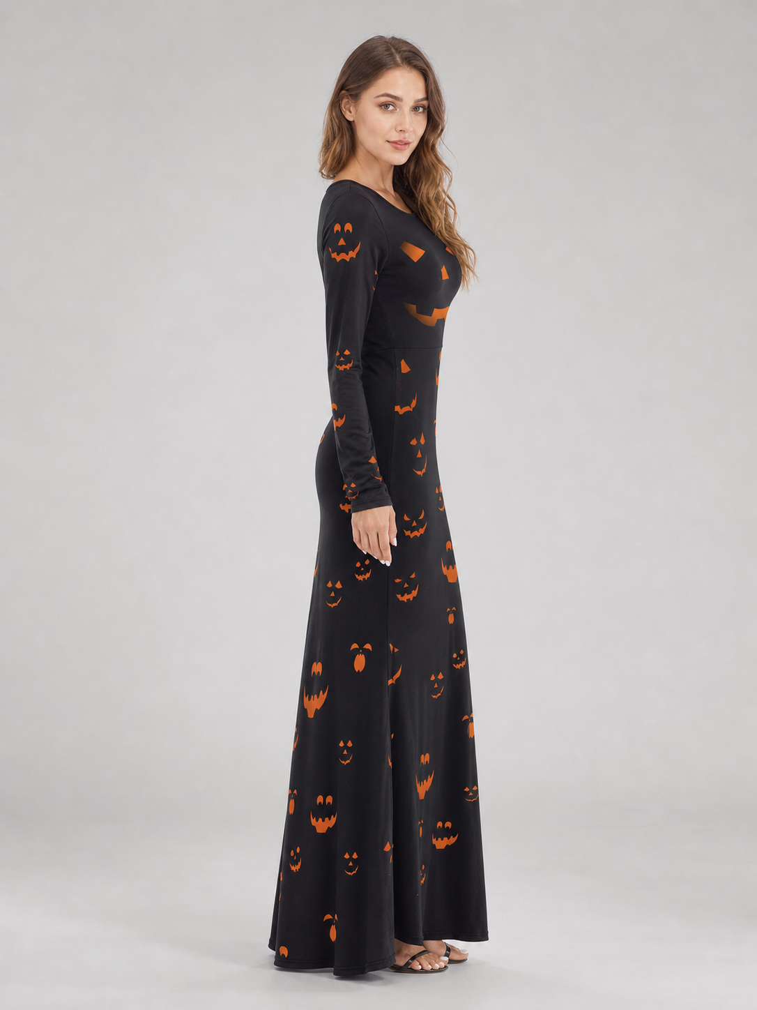 Black Halloween Maxi Dress with Pumpkin Print