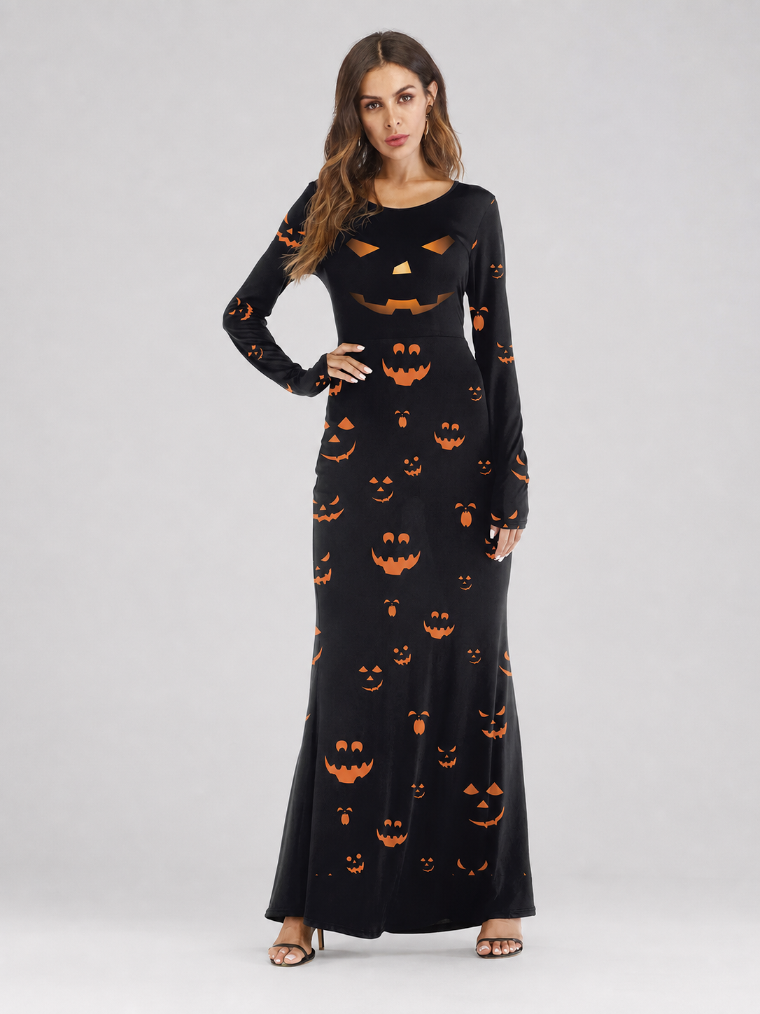 Black Halloween Maxi Dress with Pumpkin Print