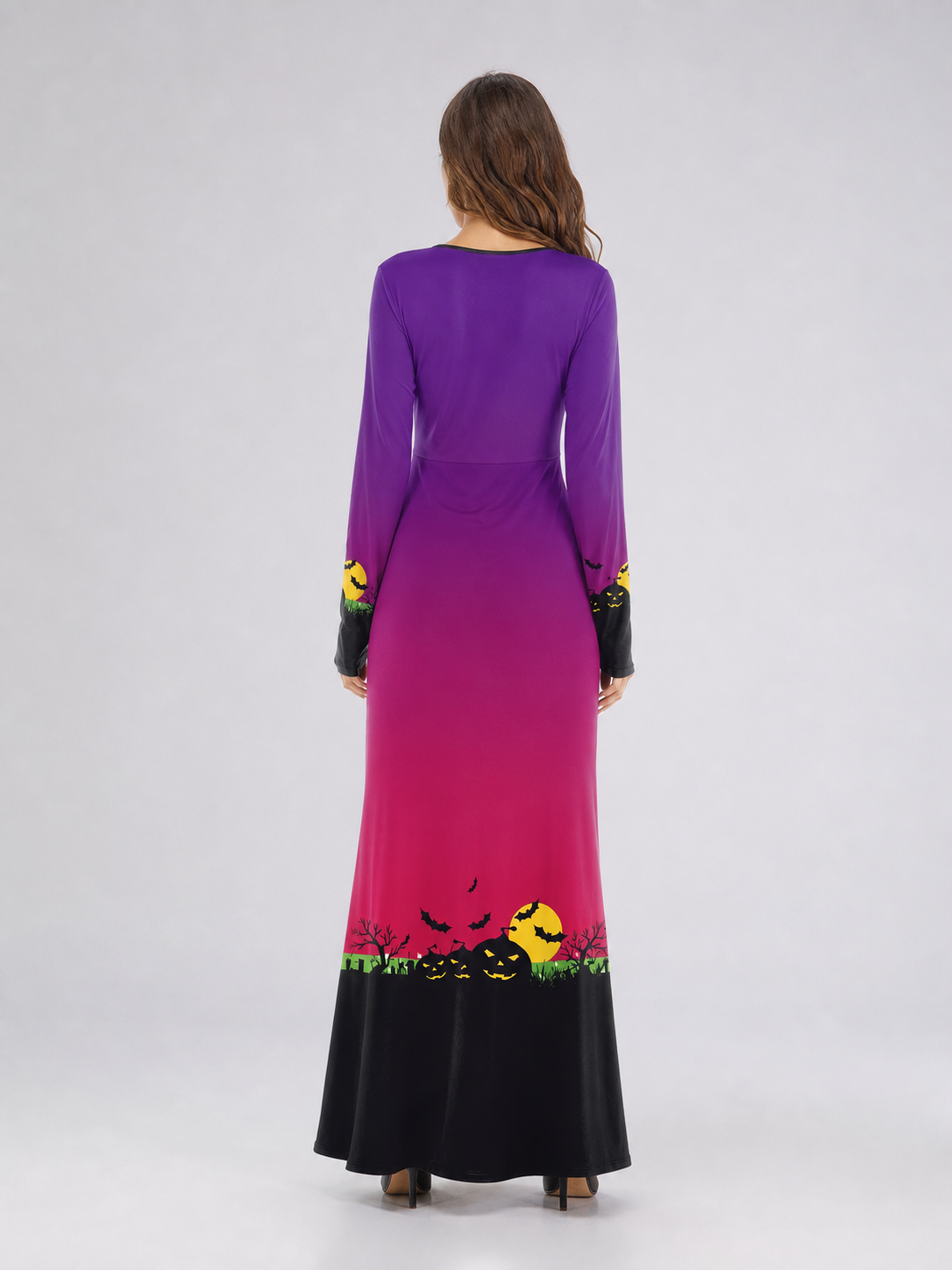 Halloween Maxi Dress with Pumpkin and Bat Print