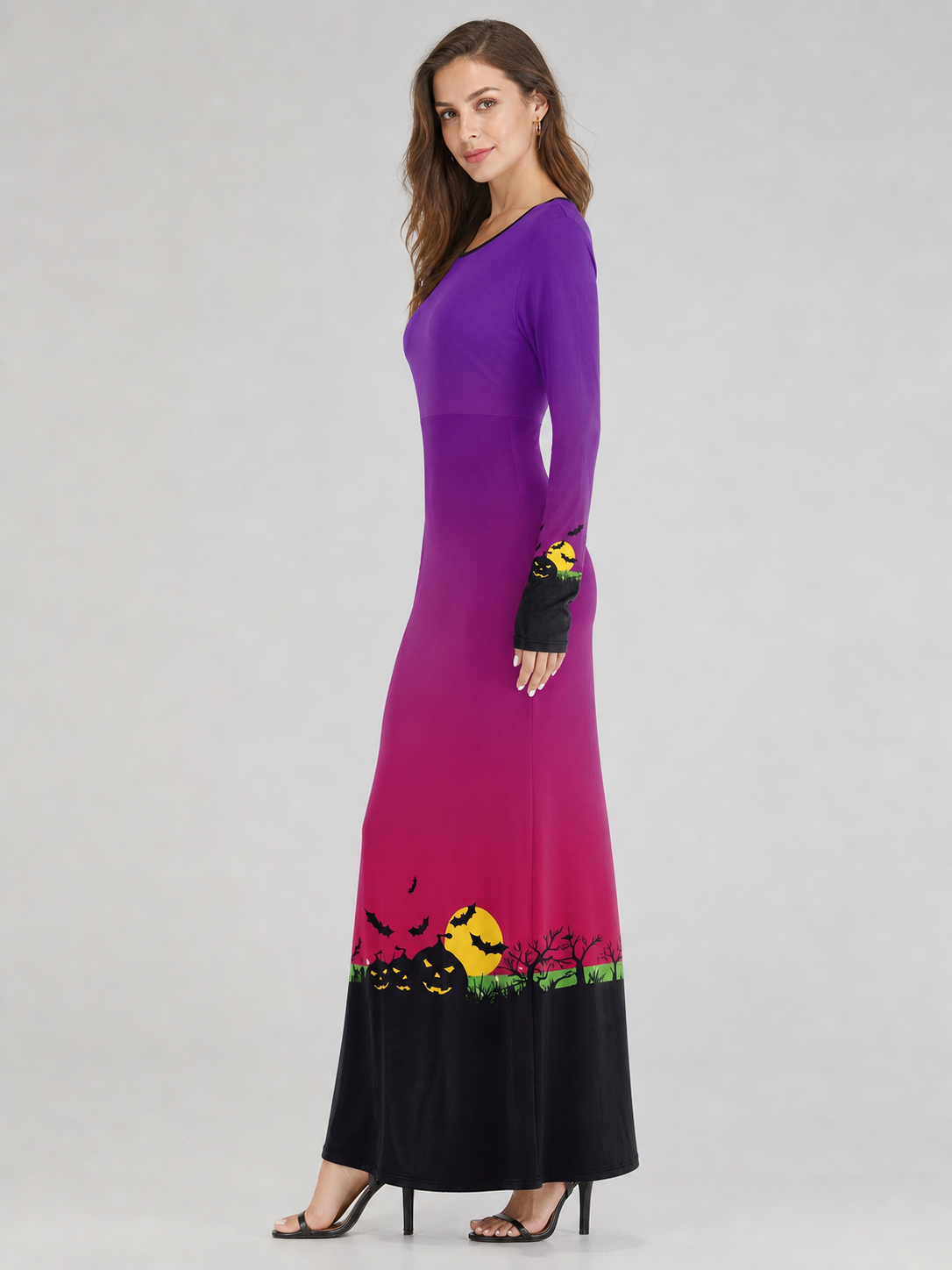 Halloween Maxi Dress with Pumpkin and Bat Print