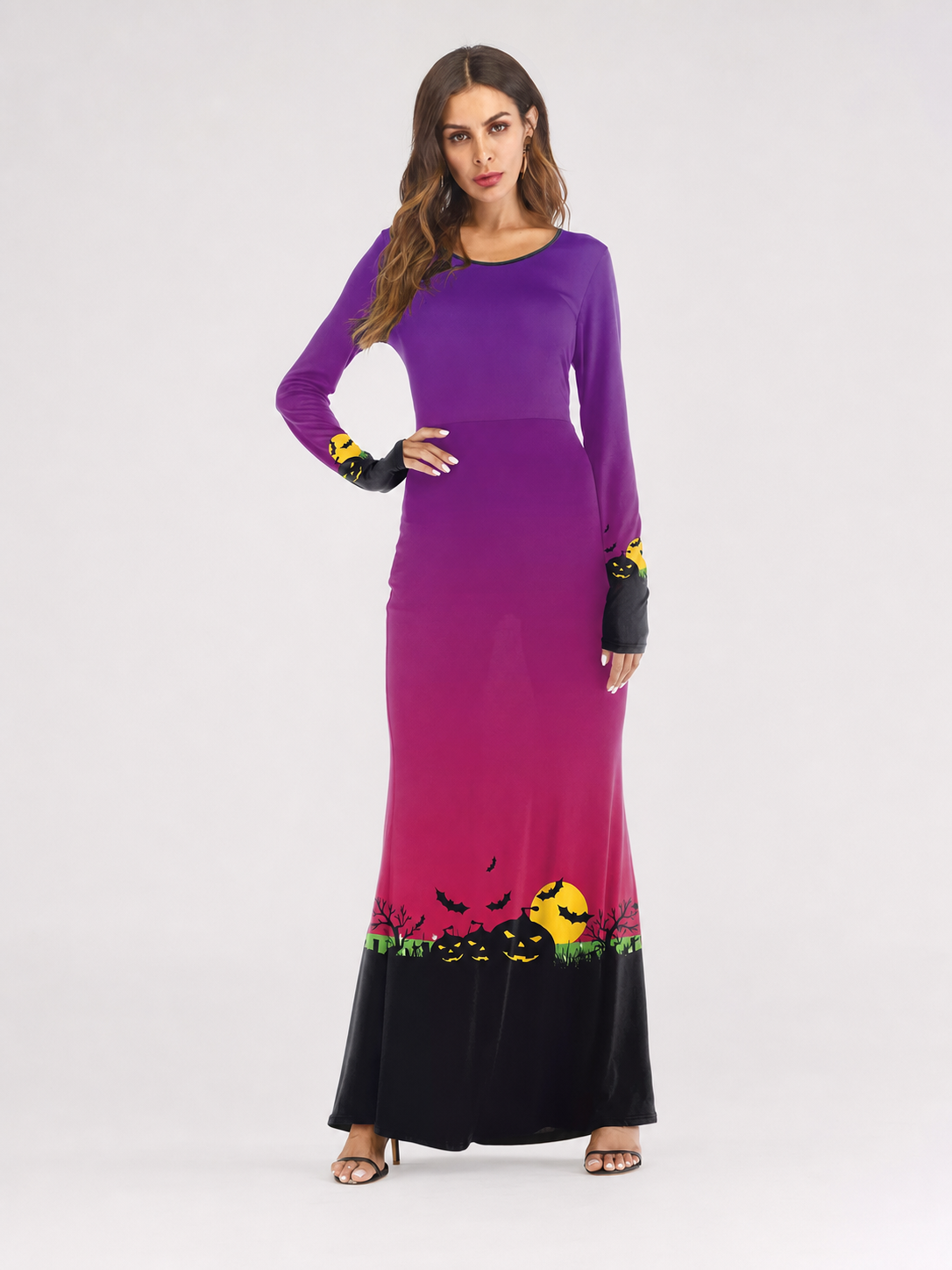 Halloween Maxi Dress with Pumpkin and Bat Print