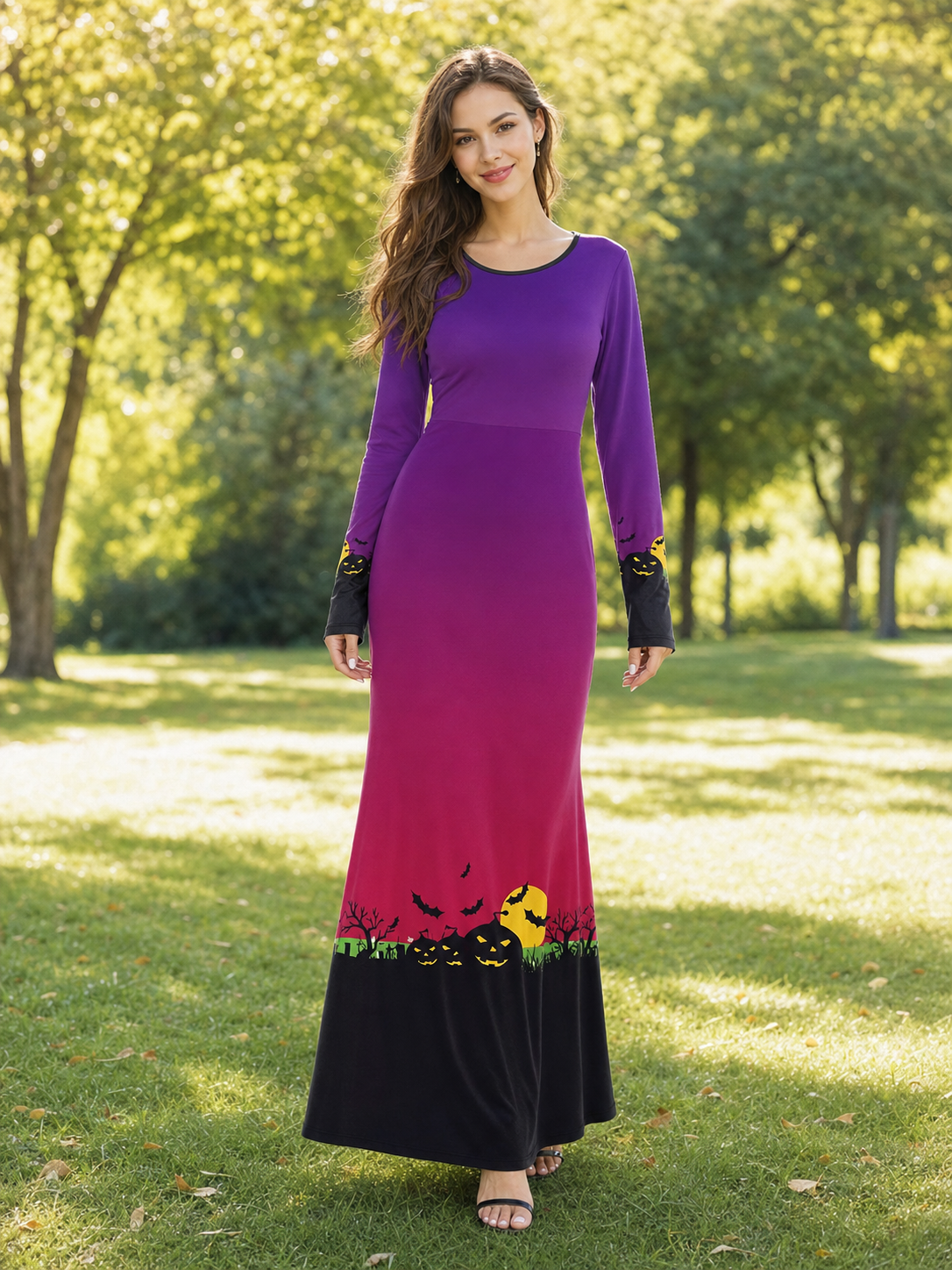 Halloween Maxi Dress with Pumpkin and Bat Print