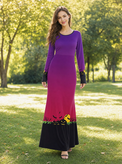 Halloween Maxi Dress with Pumpkin and Bat Print