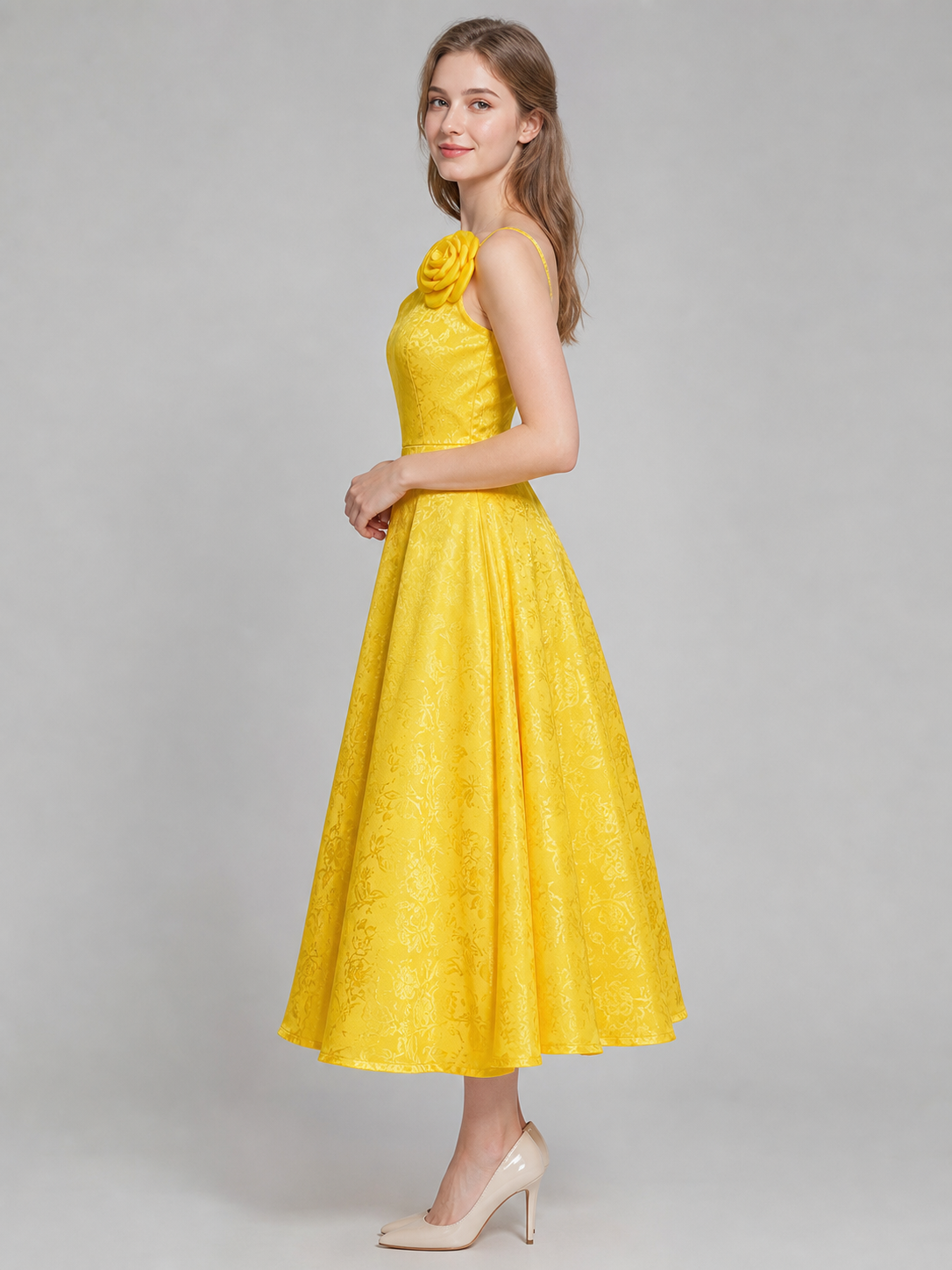 Evening Dress with Floral Print and a Rose on the Shoulder