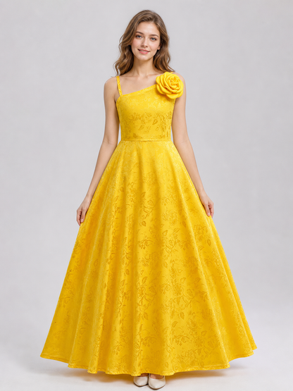 Evening Dress with Floral Print and a Rose on the Shoulder