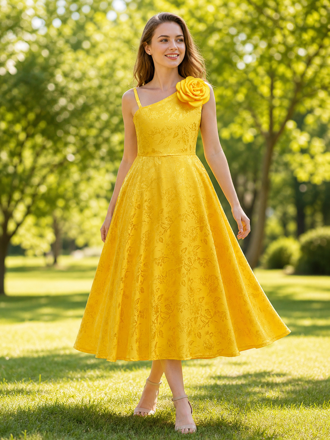 Evening Dress with Floral Print and a Rose on the Shoulder