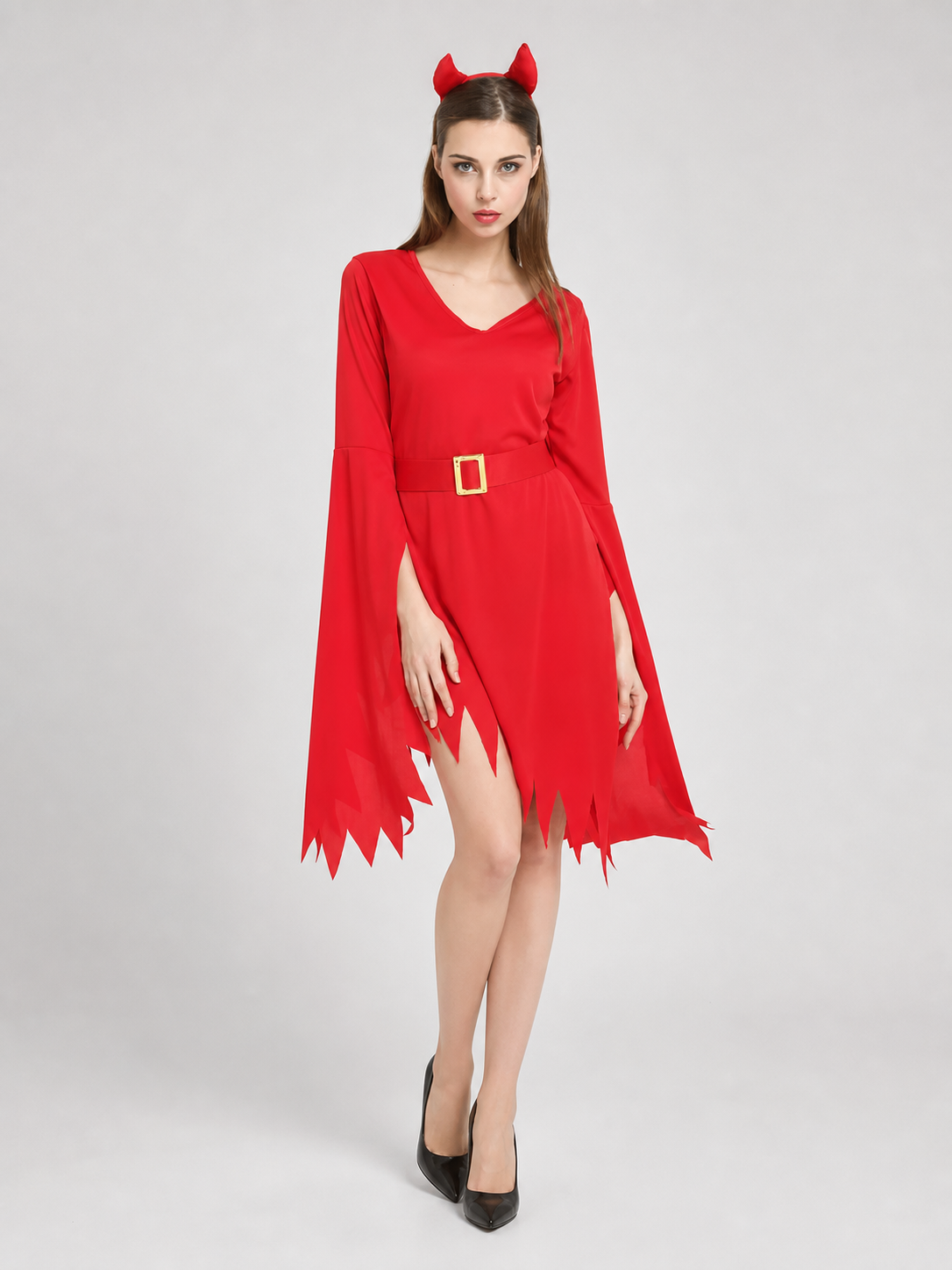 Red Halloween devil costume dress with horns