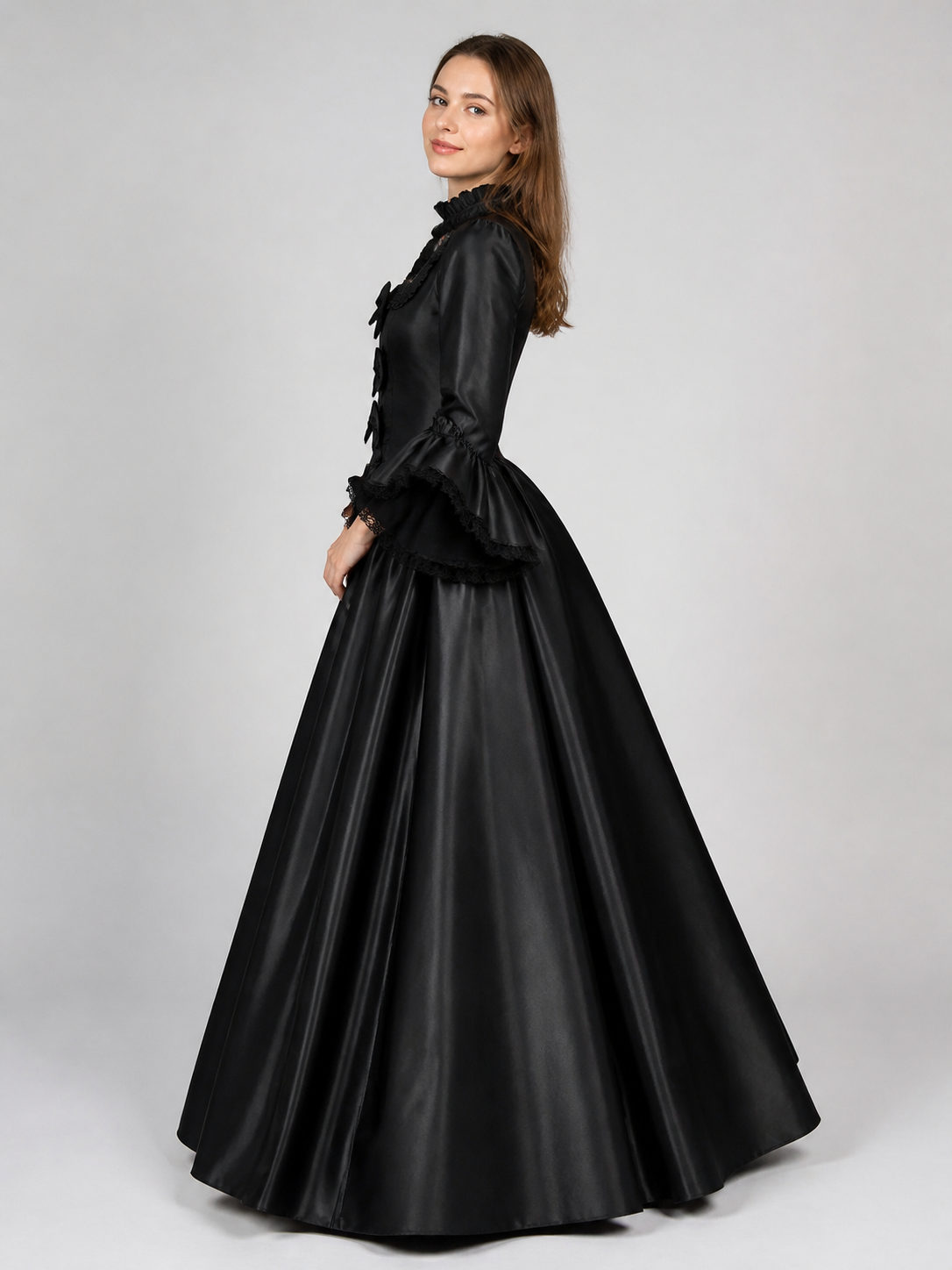 Gothic-Style Dress with Ruffles and Bows