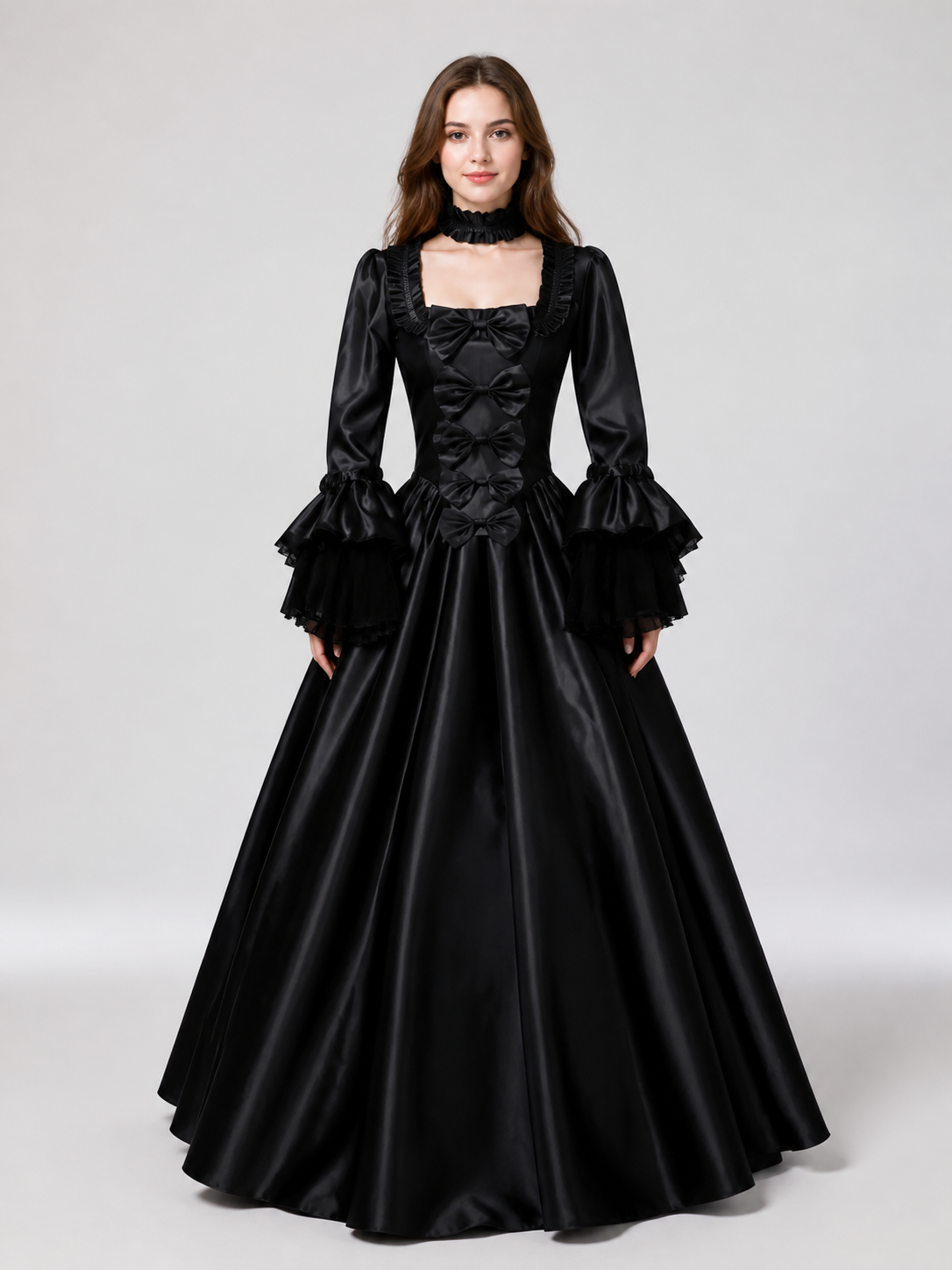 Gothic-Style Dress with Ruffles and Bows