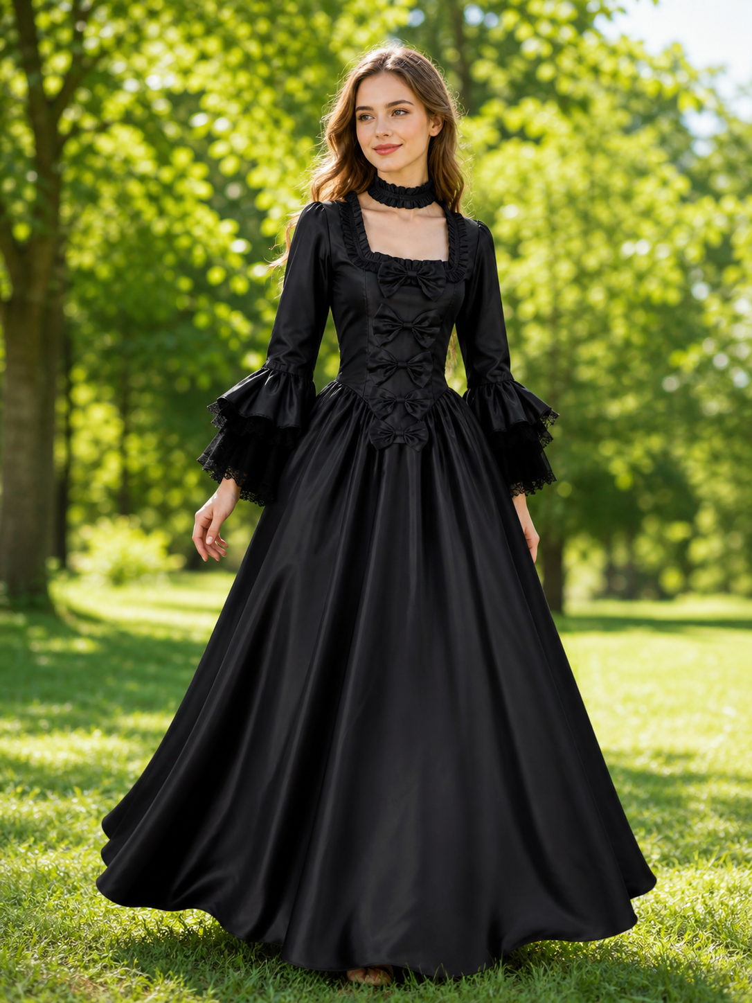 Gothic-Style Dress with Ruffles and Bows