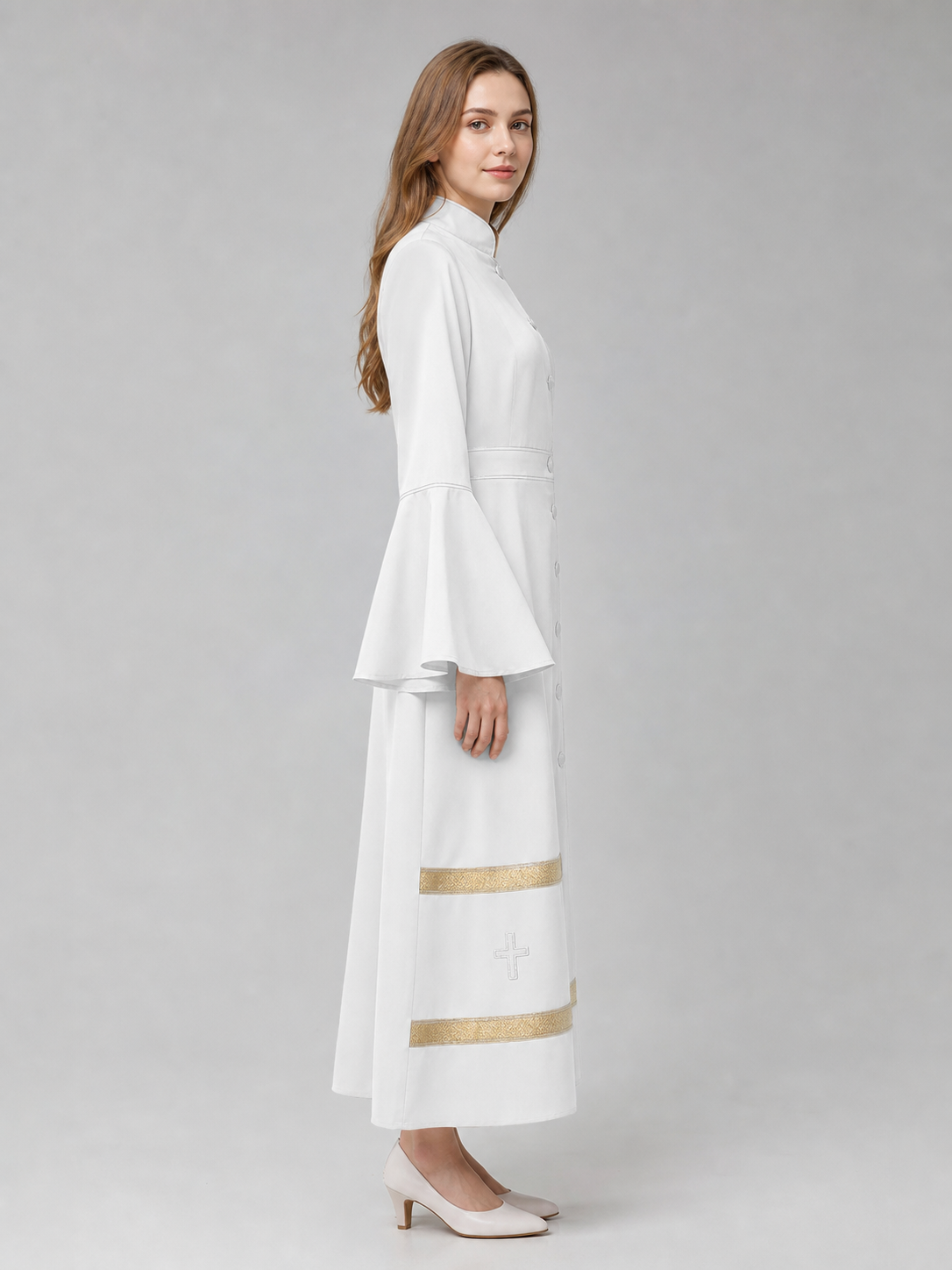 Long clergy robe with collar, buttons, and trim