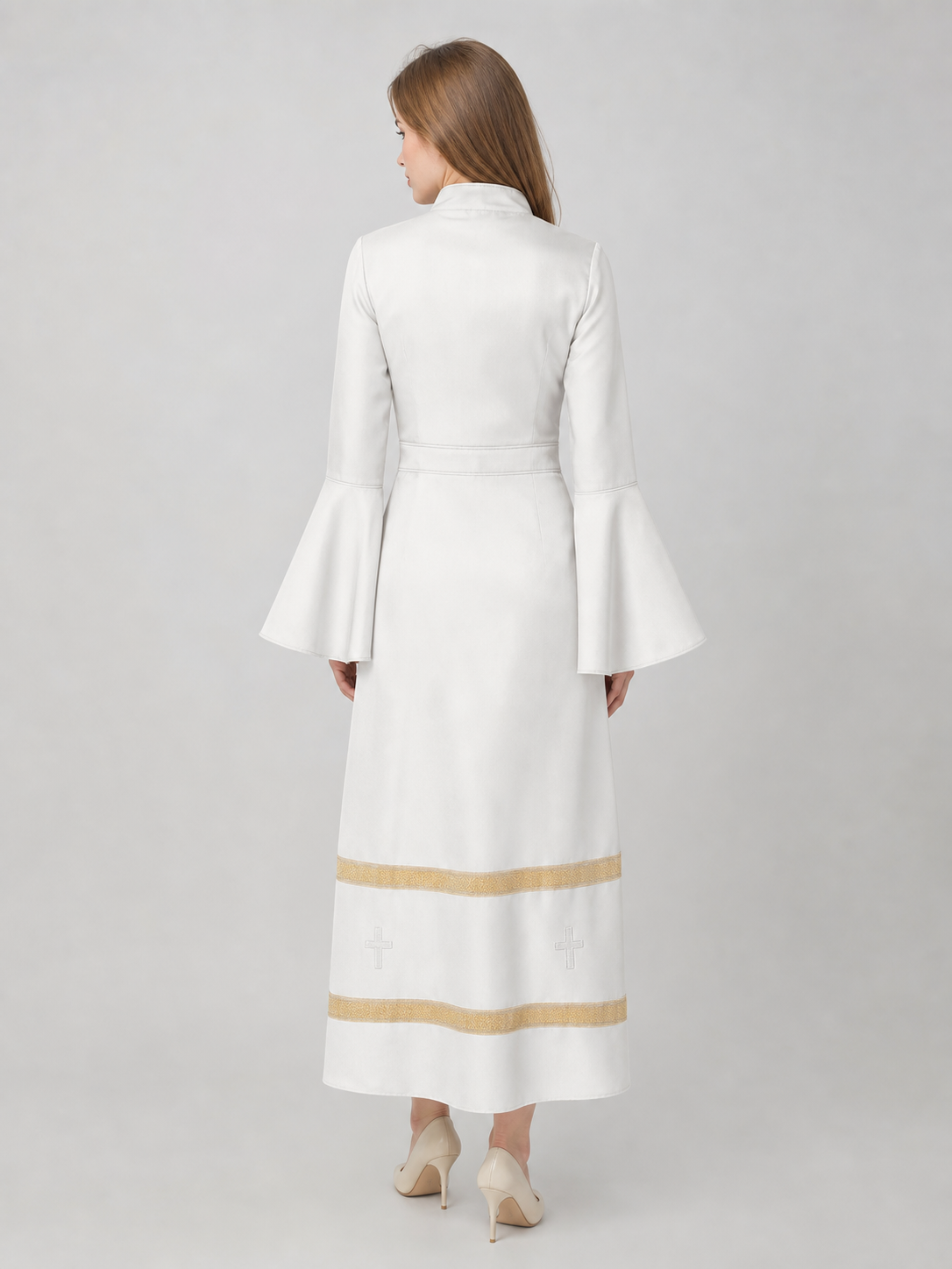 Long clergy robe with collar, buttons, and trim