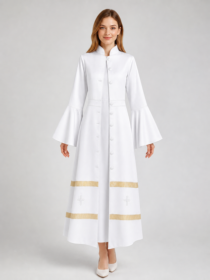 Long clergy robe with collar, buttons, and trim