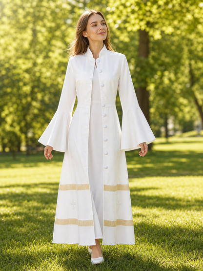 Long clergy robe with collar, buttons, and trim