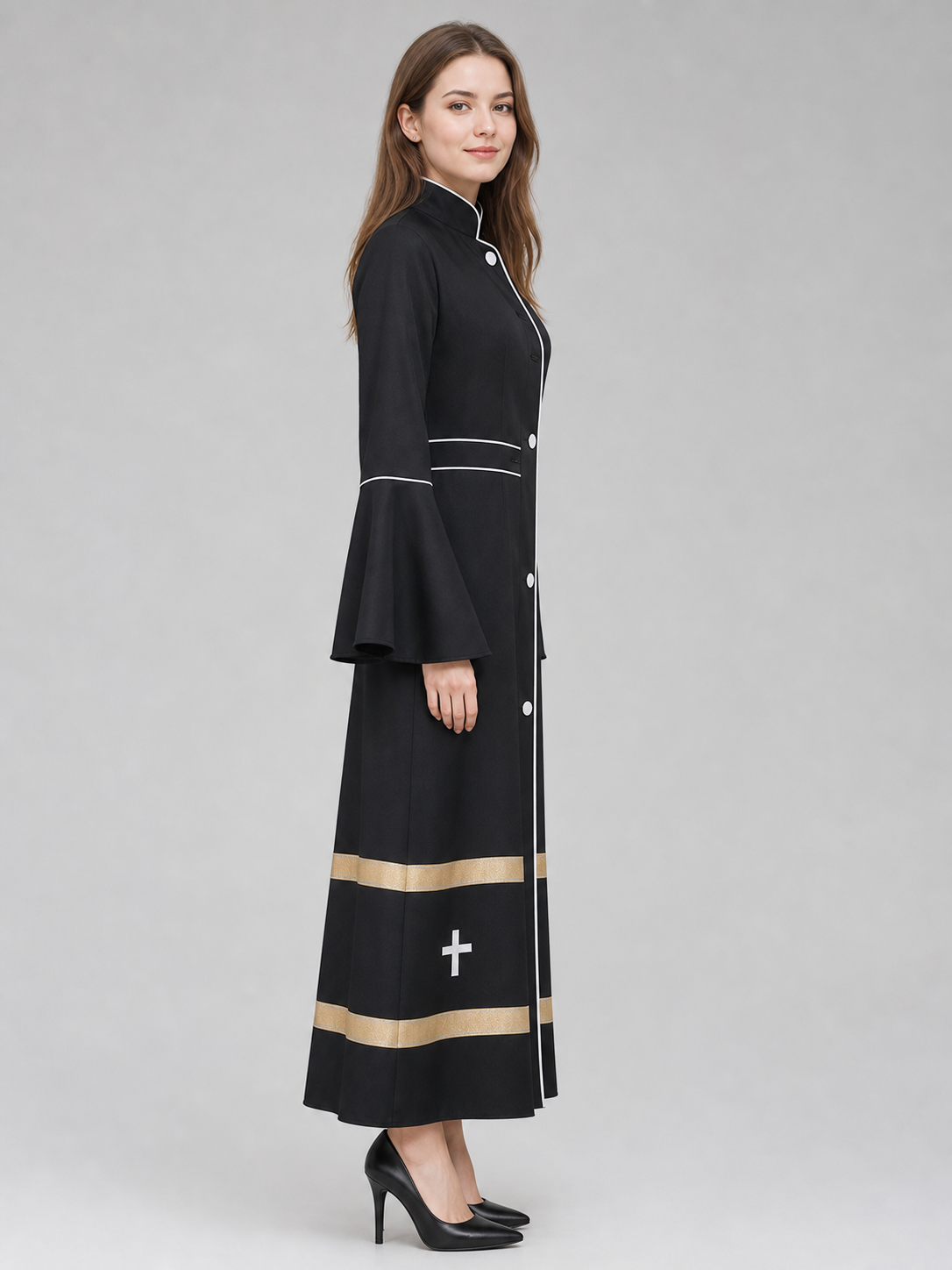 Black carnival cleric robe with contrasting trim