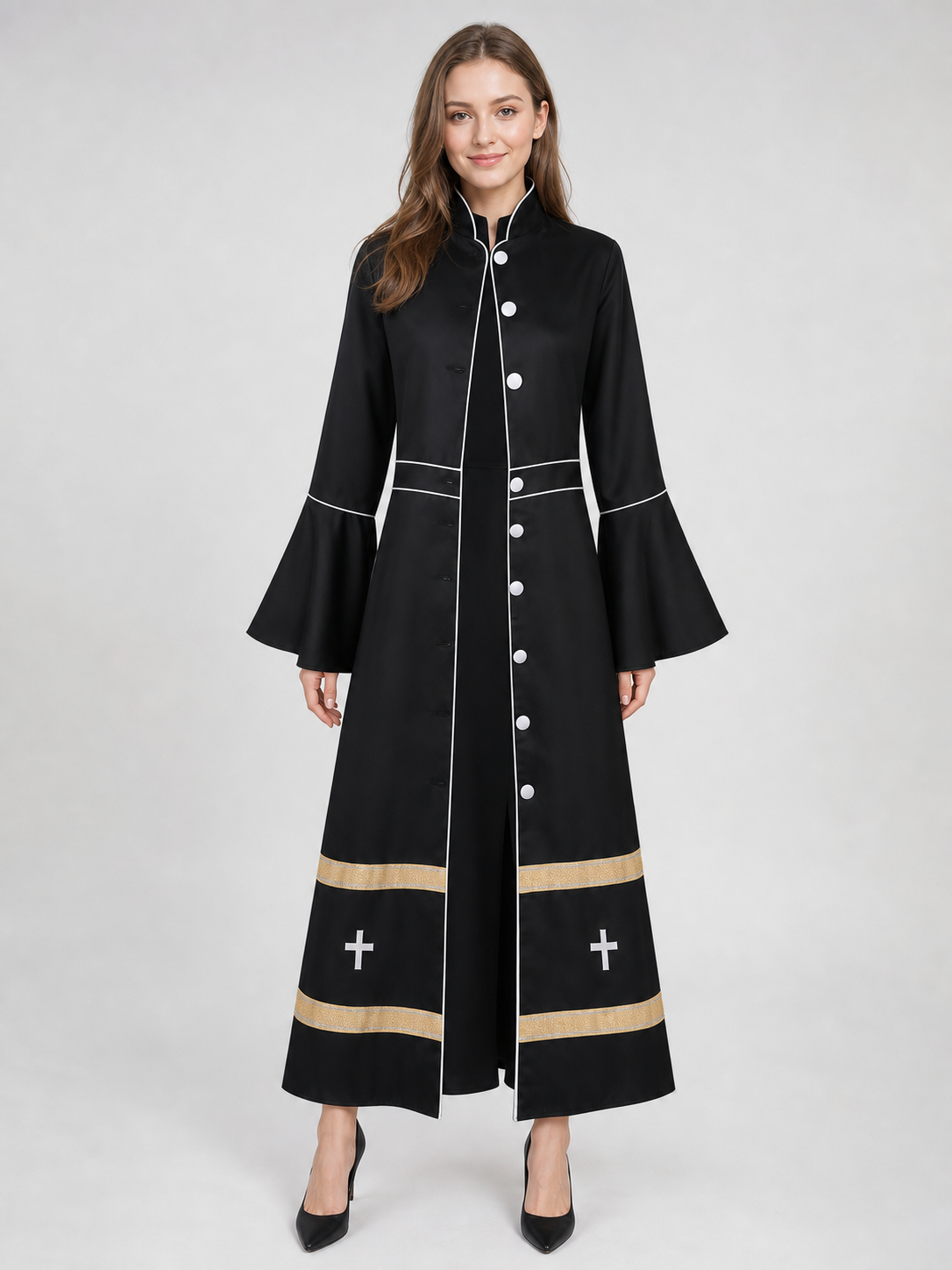 Black carnival cleric robe with contrasting trim