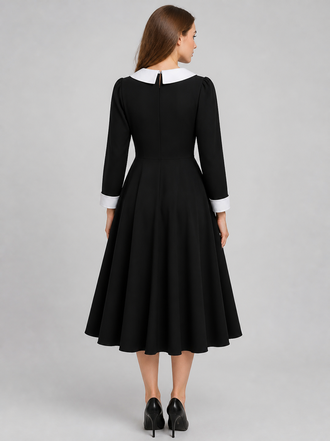 Black Wednesday-style dress with a white collar back view 3