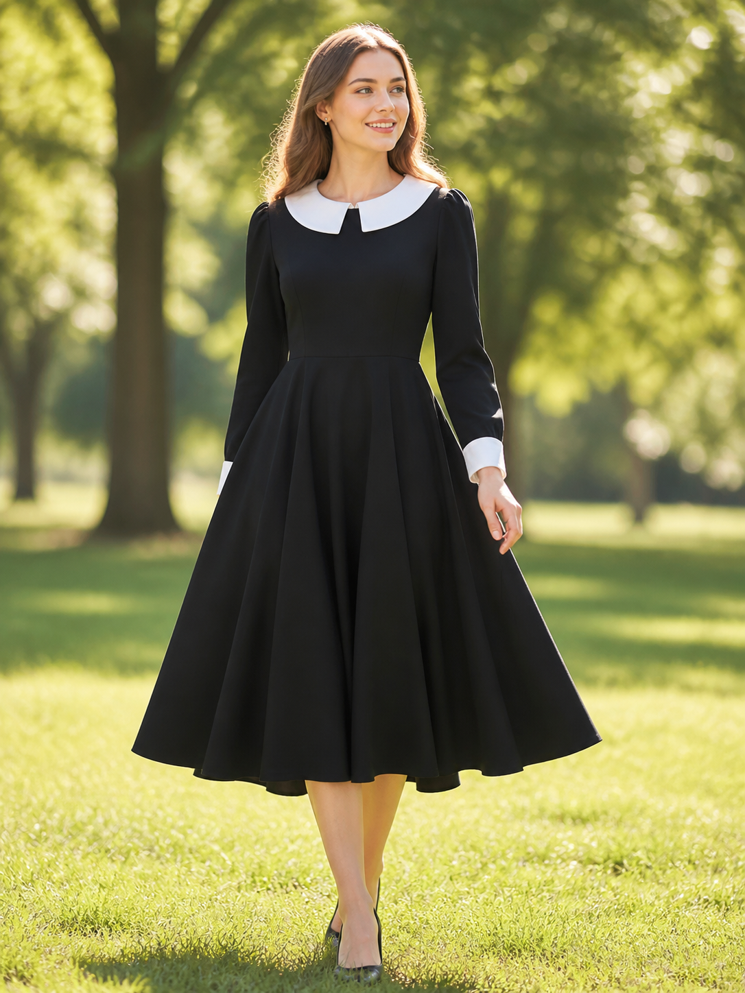 Black Wednesday-style dress with a white collar