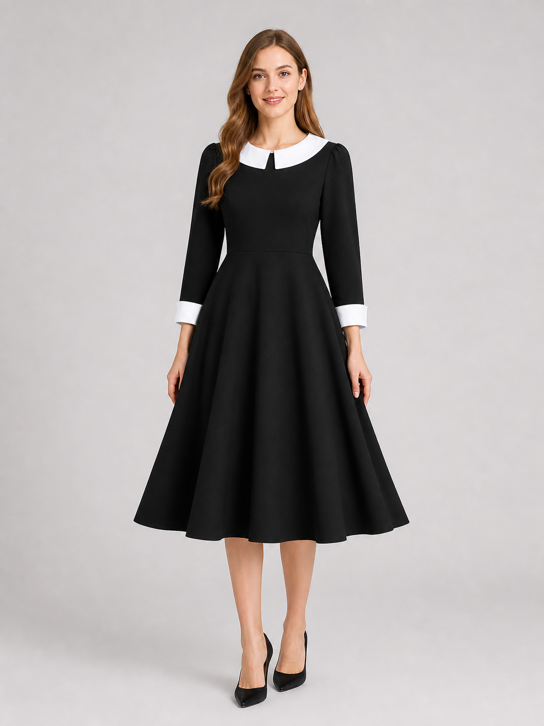Black Wednesday-style dress with a white collar