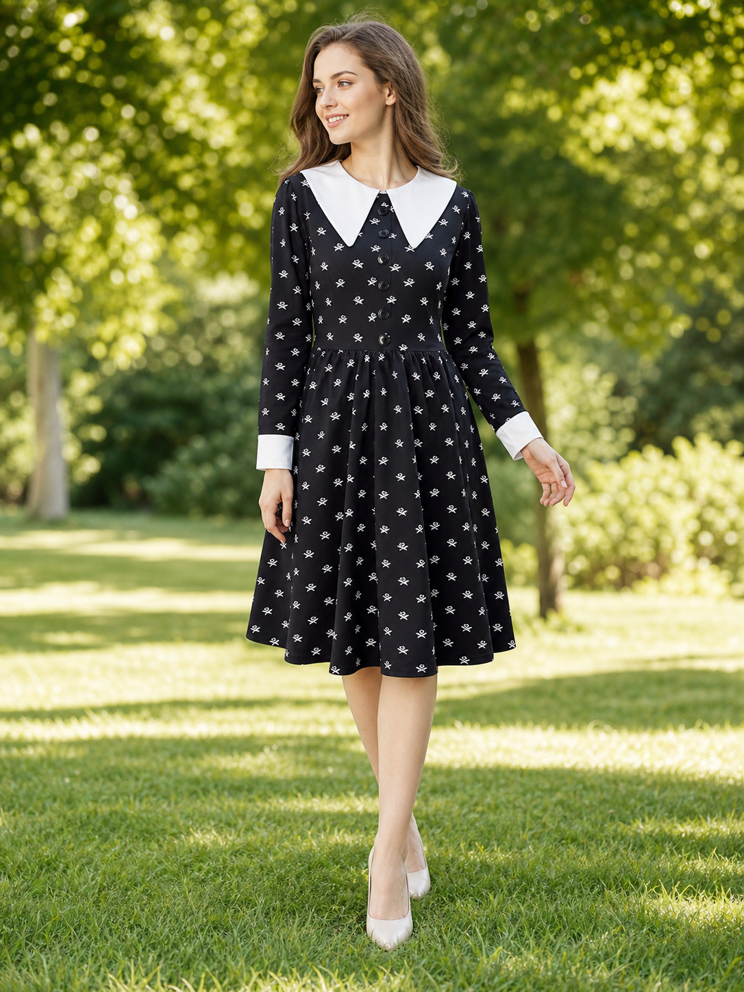 Gothic Dress with Skulls, Collar, and Buttons
