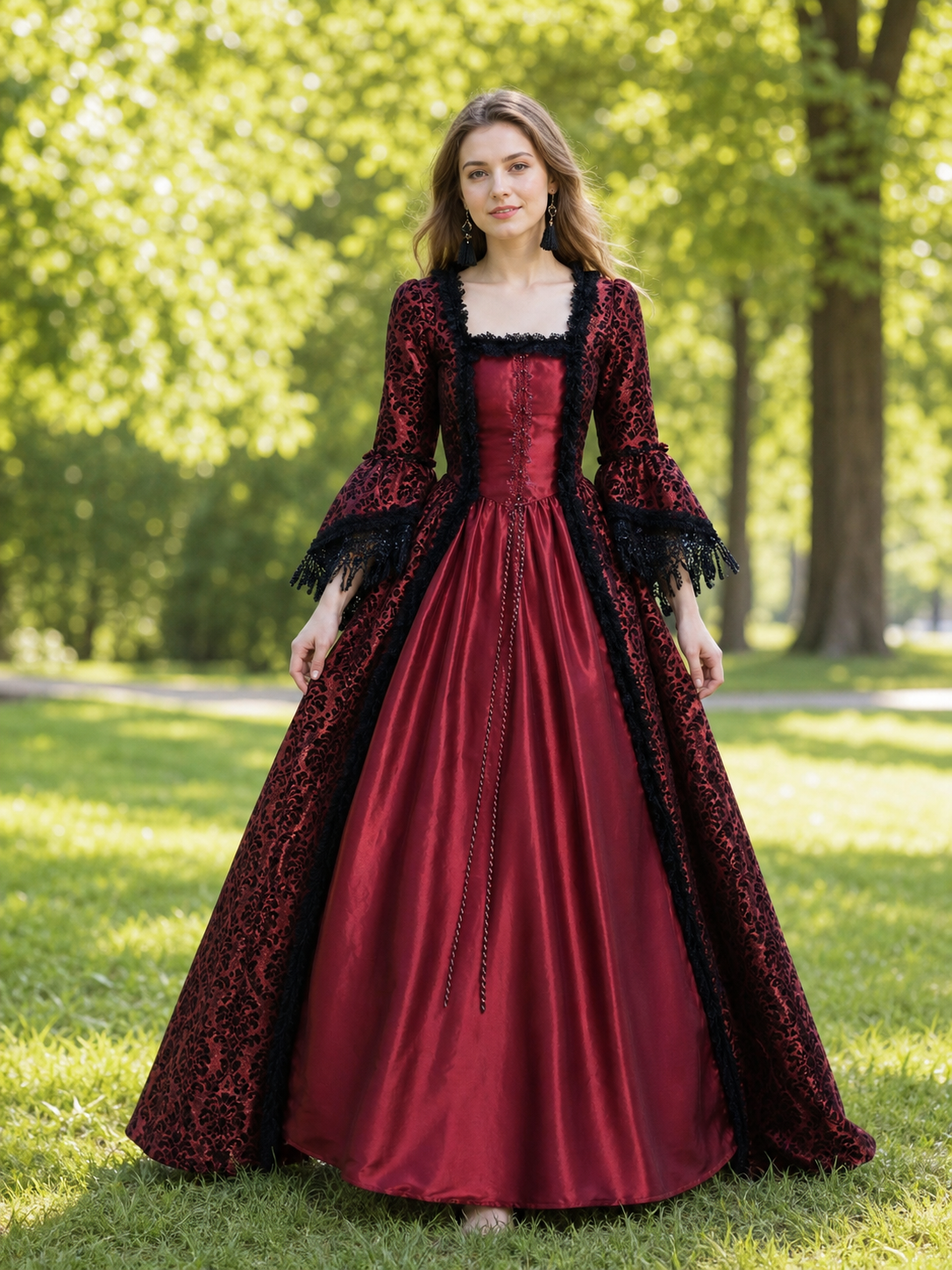 Renaissance-Style Dress with Lace and Long Sleeves
