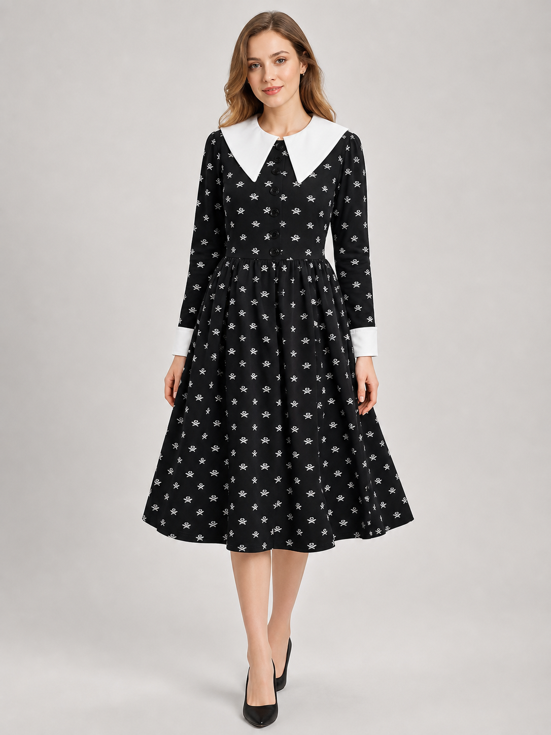 Gothic Dress with Skulls, Collar, and Buttons