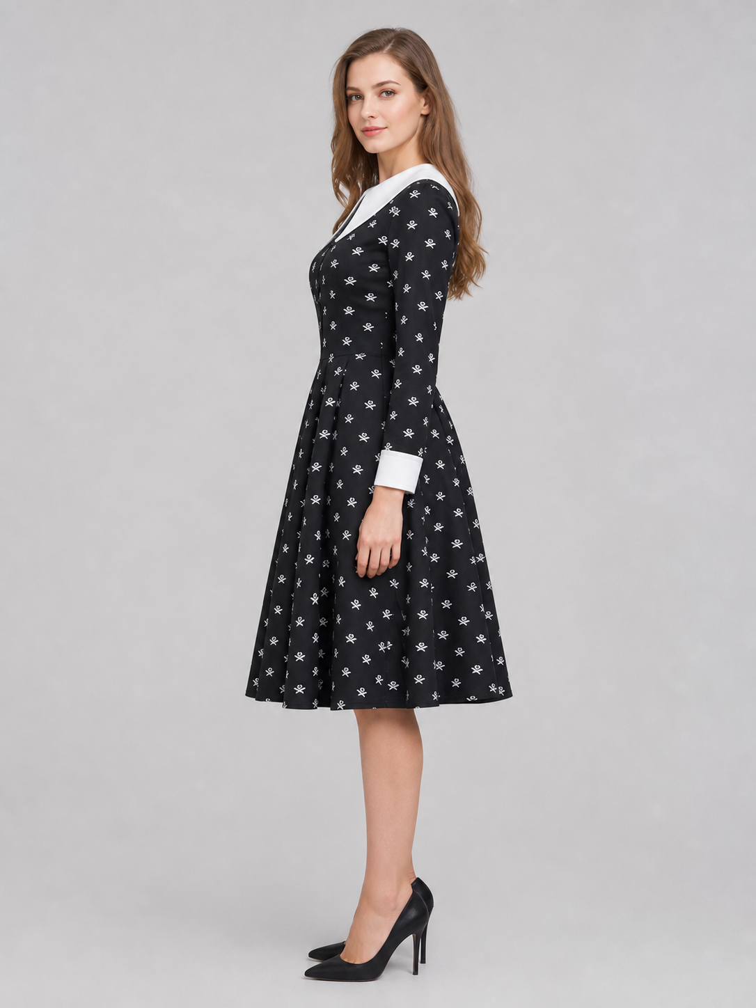 Gothic Dress with Skulls, Collar, and Buttons