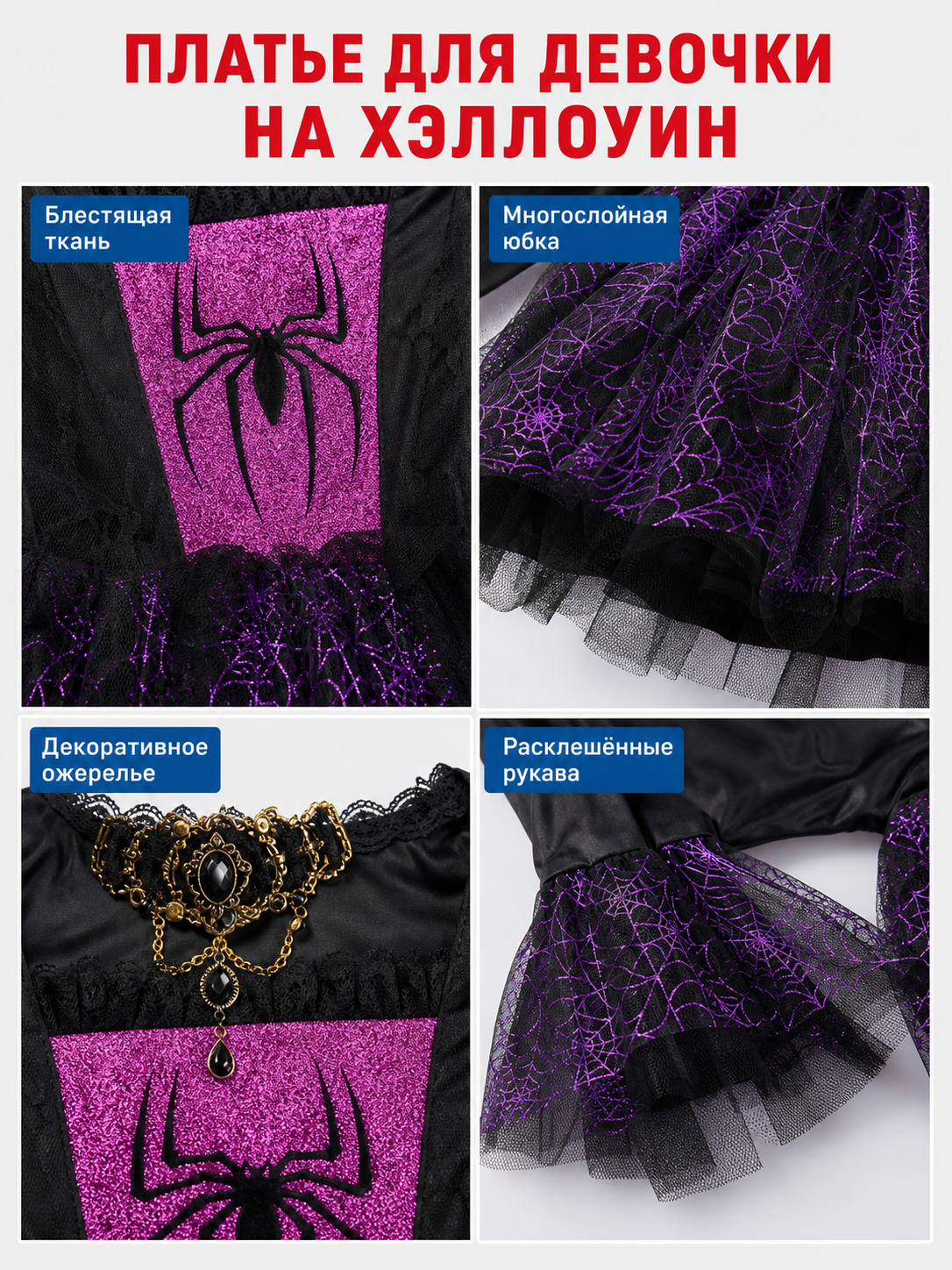 Girls' Halloween costume dress with spiderweb