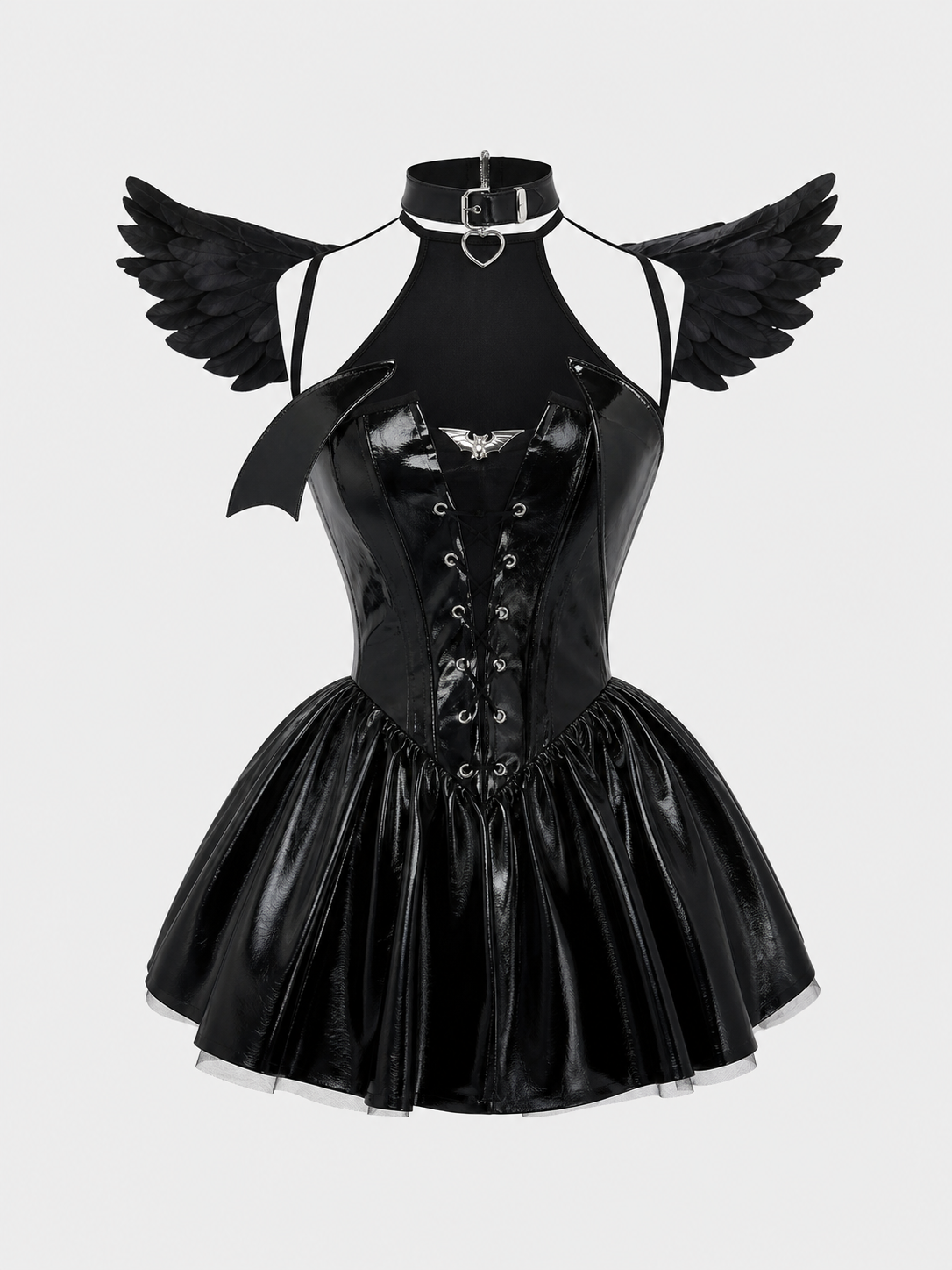Devil costume, black mini dress, horns and choker