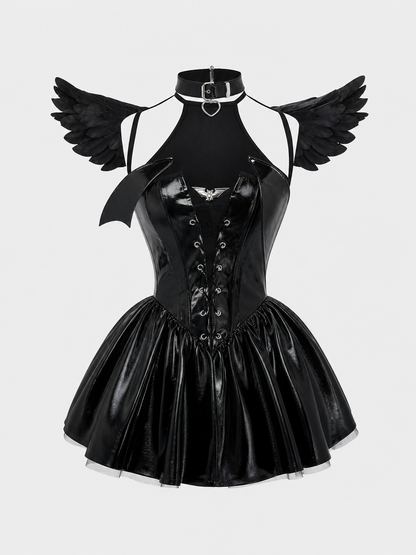 Devil costume, black mini dress, horns and choker