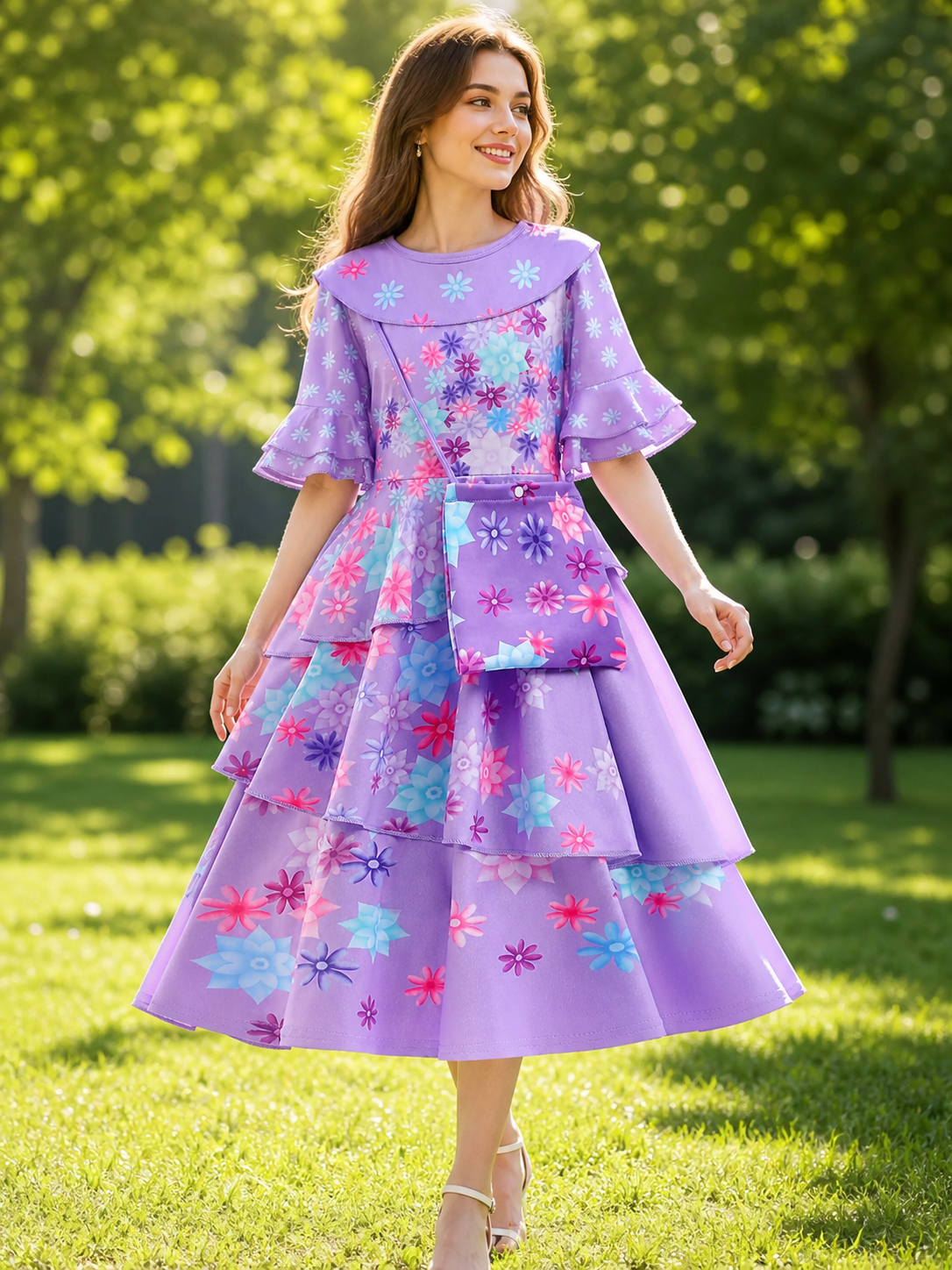 Girls' Floral Print Costume Dress with Purse