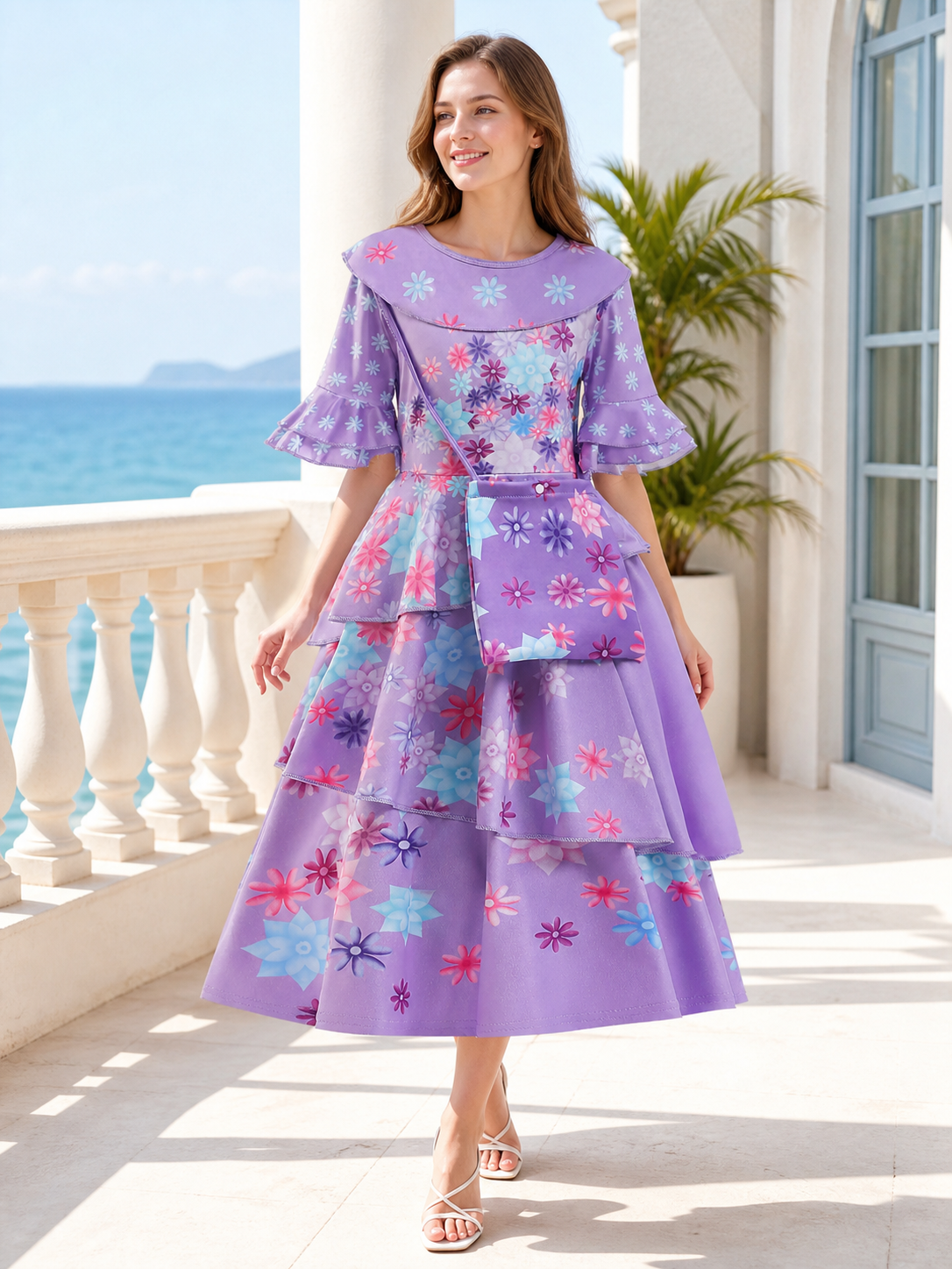 Girls' Floral Print Costume Dress with Purse
