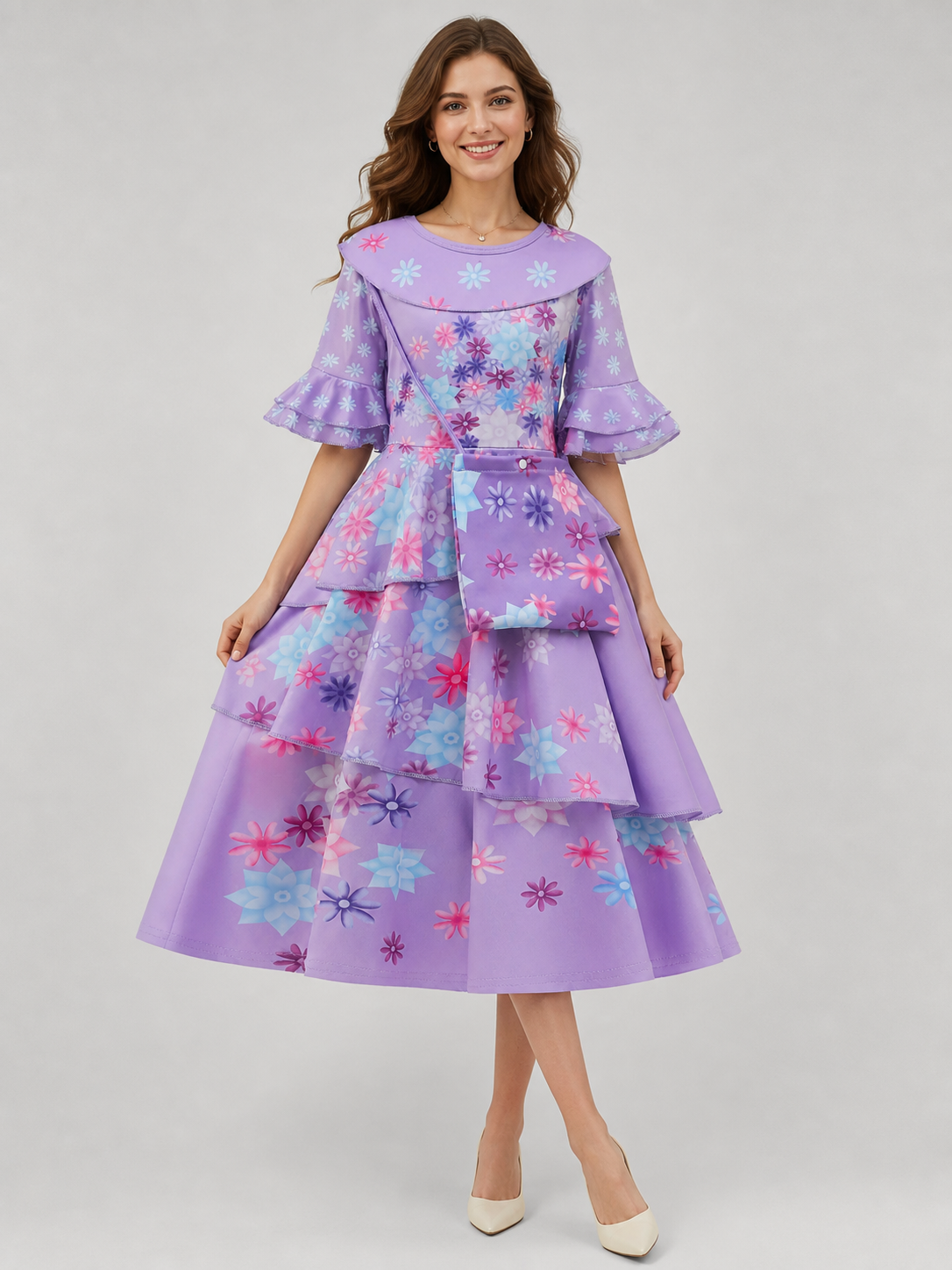Girls' Floral Print Costume Dress with Purse