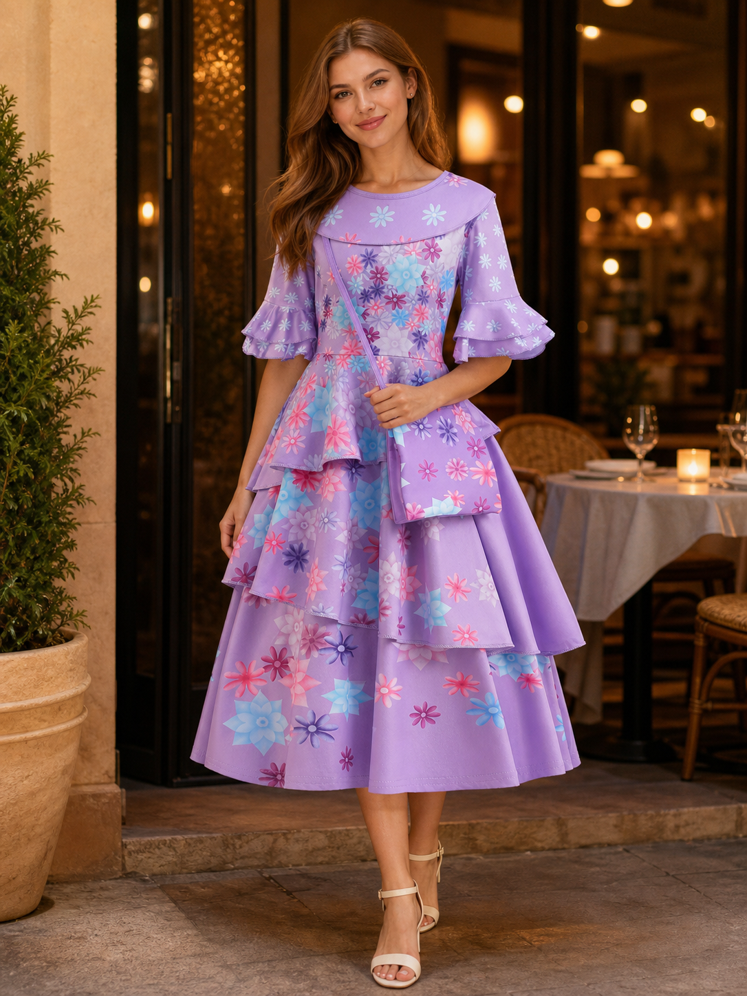 Girls' Floral Print Costume Dress with Purse