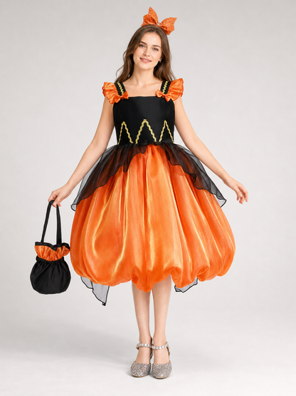Girls' Halloween Pumpkin Dress with Headband and Purse