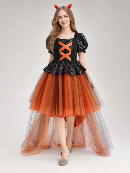 Pumpkin Halloween Costume Dress for Girls on-model walking view 2