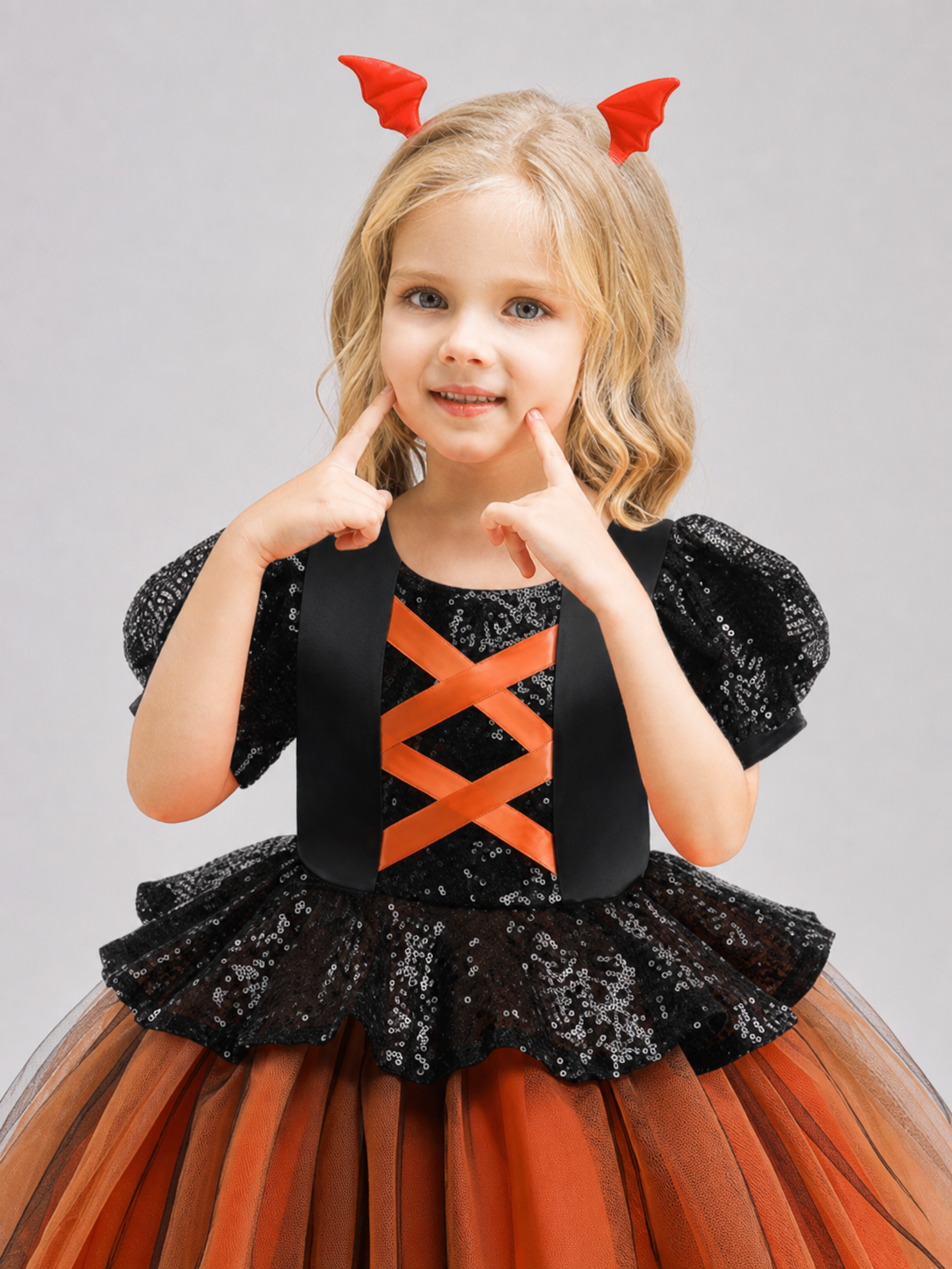 Pumpkin Halloween Costume Dress for Girls front close-up view 2