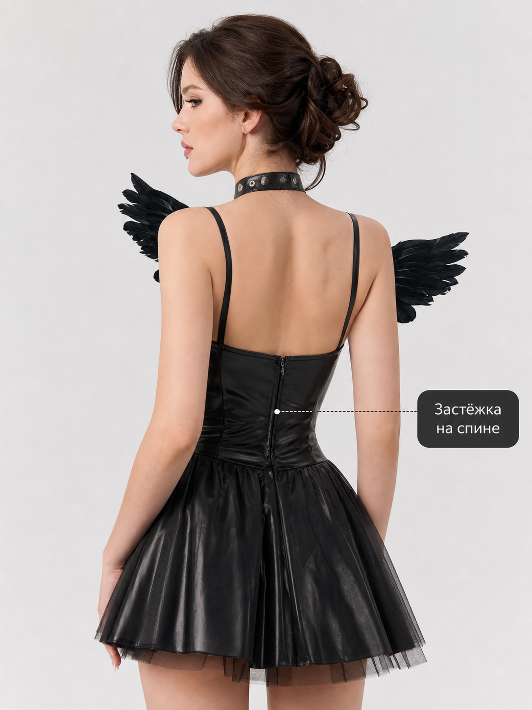 Devil costume, black mini dress, horns and choker