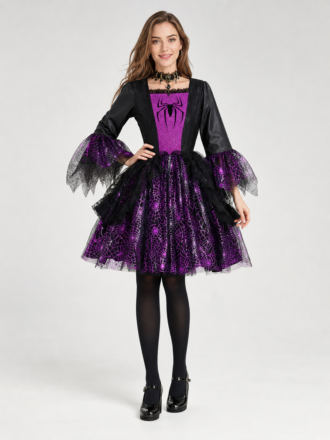 Girls' Halloween costume dress with spiderweb